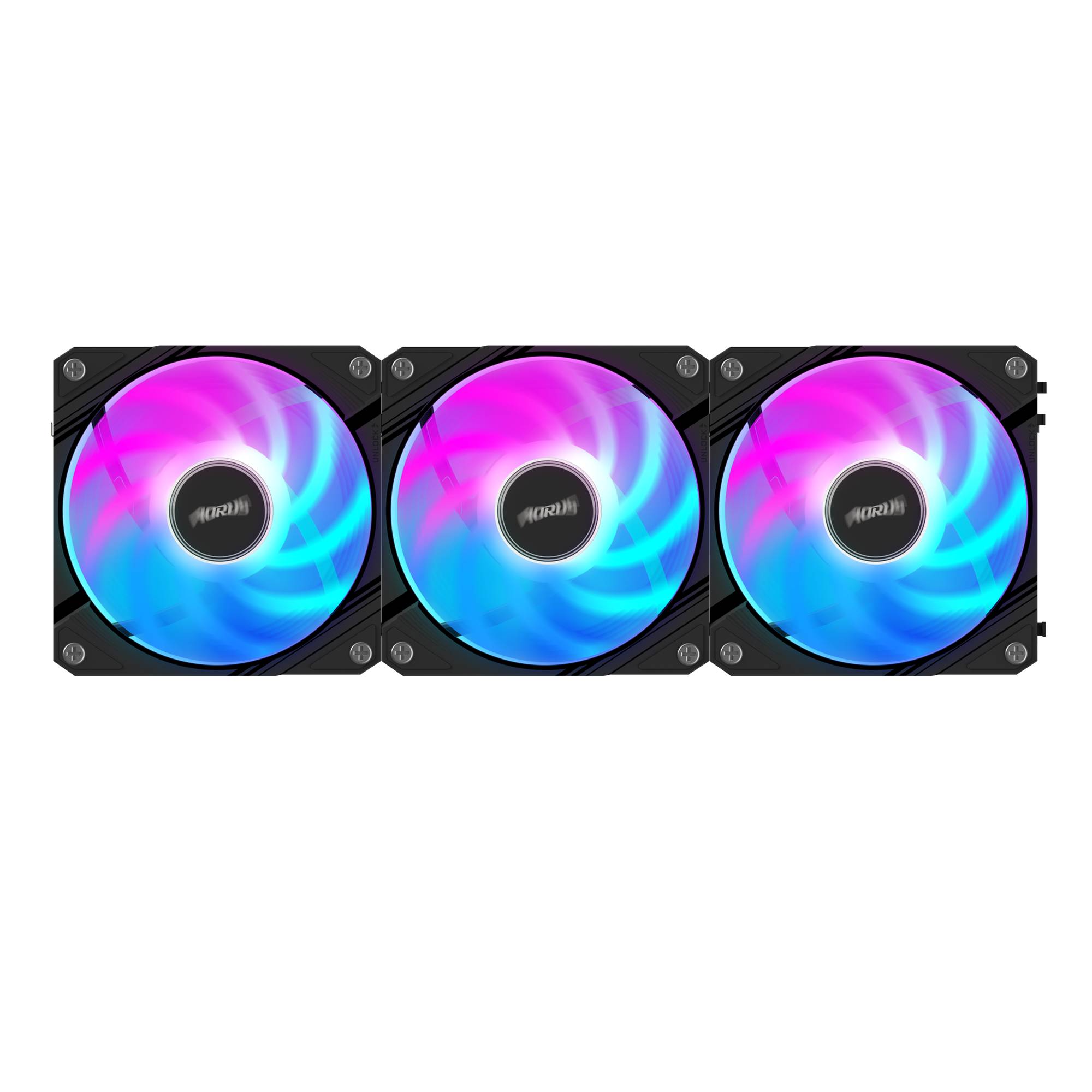 Drei RGB-Computerlüfter in einer Reihe auf schwarzem Hintergrund, leuchtend in Rosa, Violett und Blau.