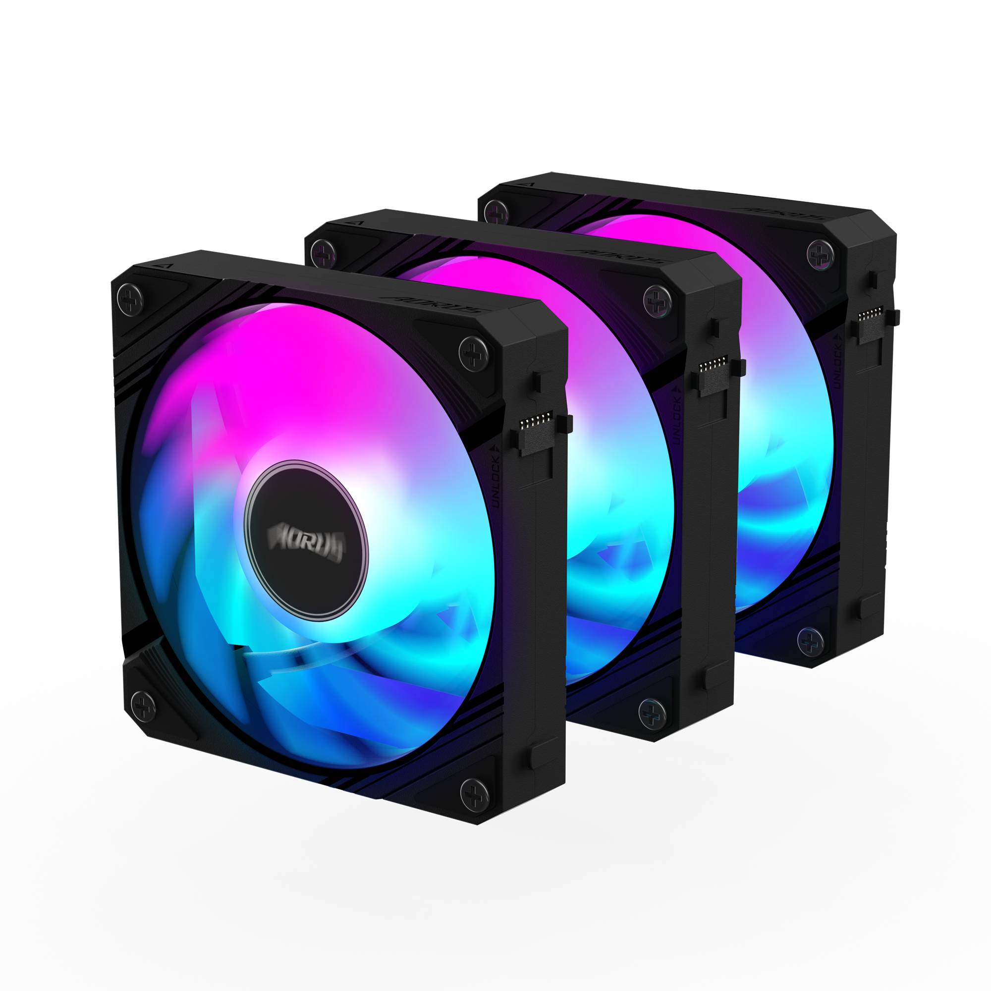 Drei RGB-Computerkühler mit schwarzen Rahmen, diagonal gestapelt auf schwarzem Hintergrund dargestellt.