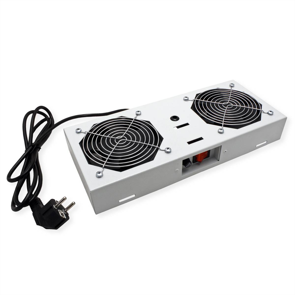 Eine weiße elektrische Kühlventilatoreinheit mit zwei kreisförmigen Lüftungsöffnungen und einem europäischen Stromstecker, entwickelt für die Installation in elektronischen Schränken.