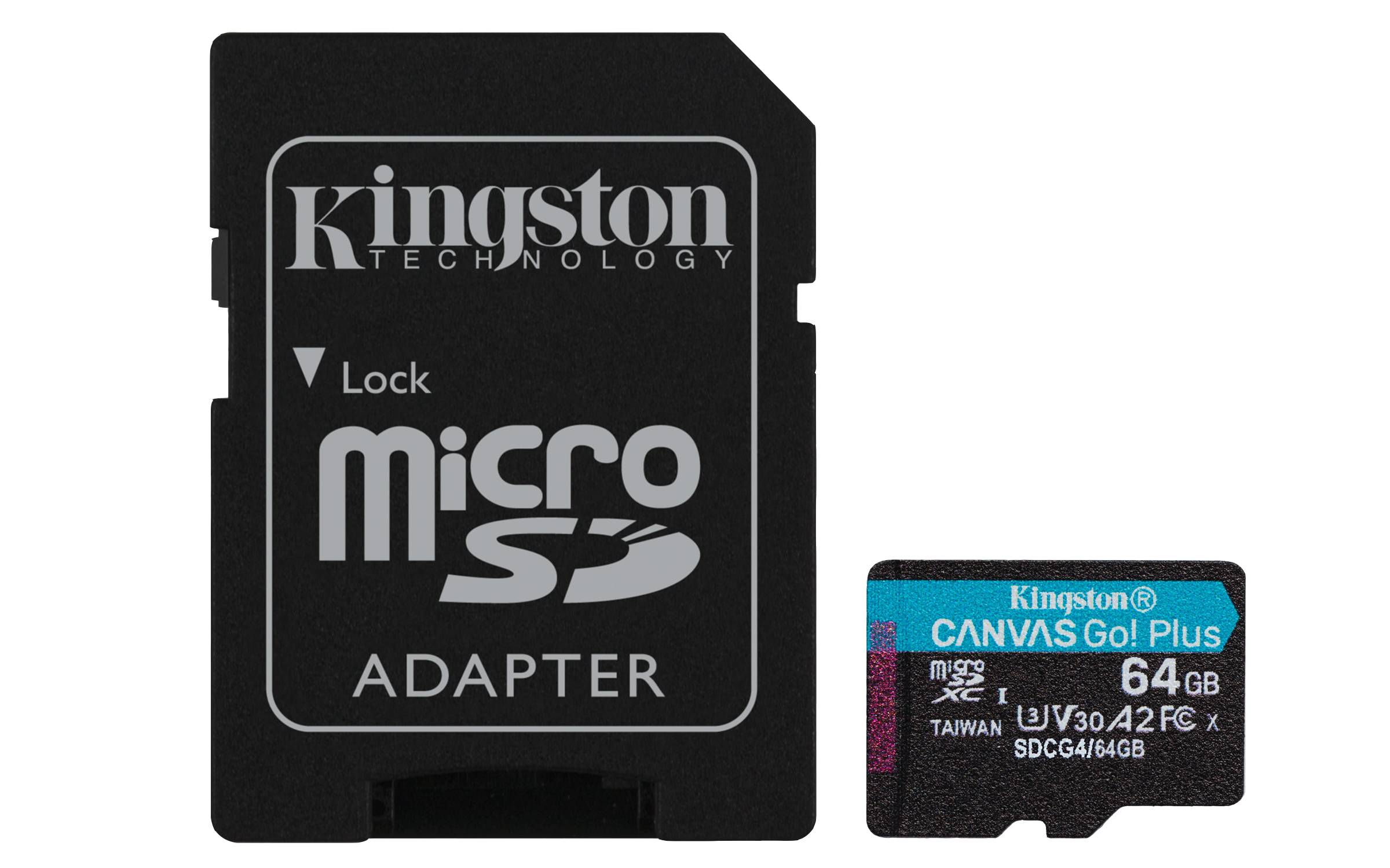 Kingston Technology 64GB microSDXC Canvas Go Plus Gen4 200 MB/s A2 U3 V30-Karte + Adapter, 64 GB, MicroSD, Klasse 10, UHS-I, 200 MB/s, 100 MB/s