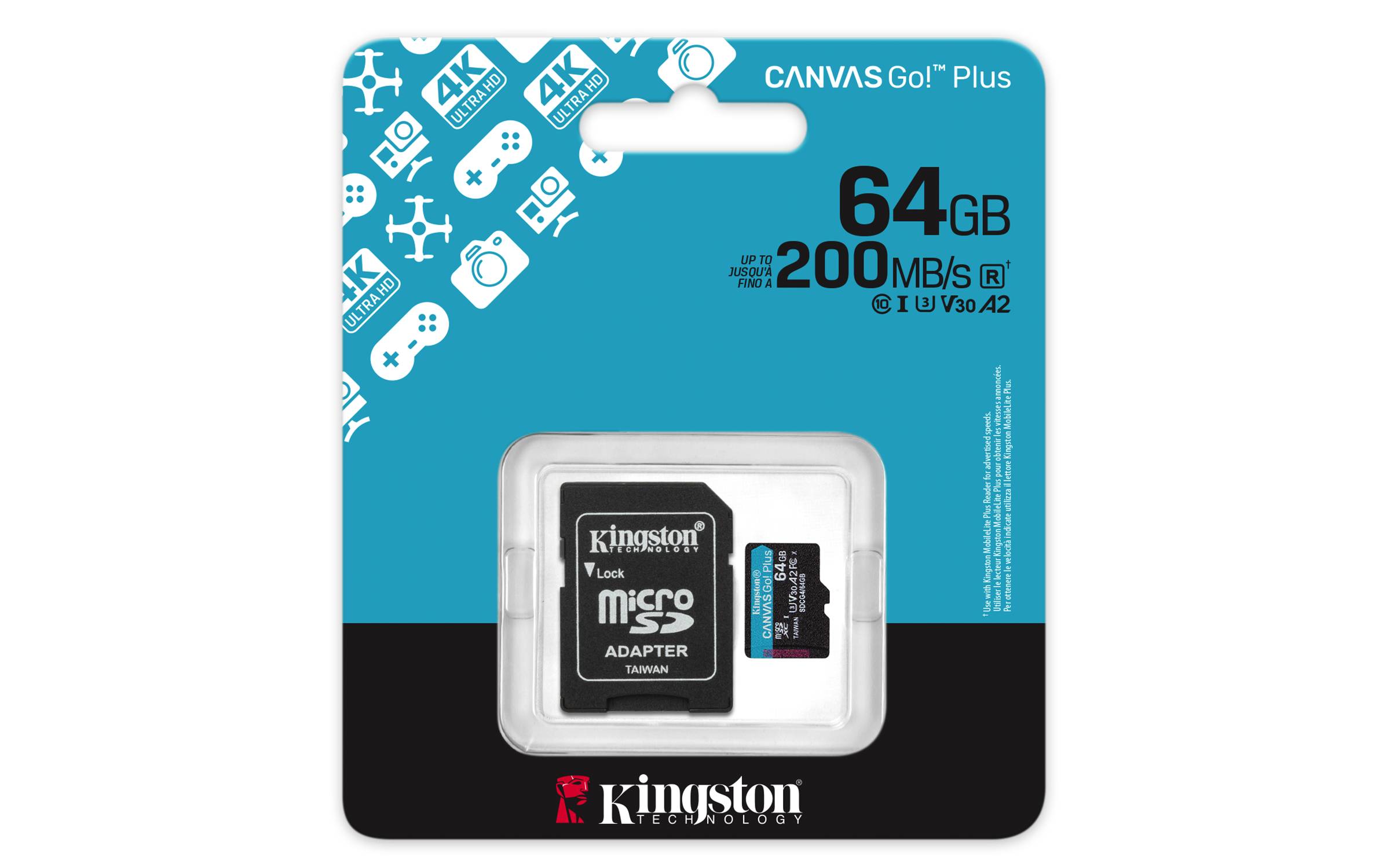 Kingston Technology 64GB microSDXC Canvas Go Plus Gen4 200 MB/s A2 U3 V30-Karte + Adapter, 64 GB, MicroSD, Klasse 10, UHS-I, 200 MB/s, 100 MB/s