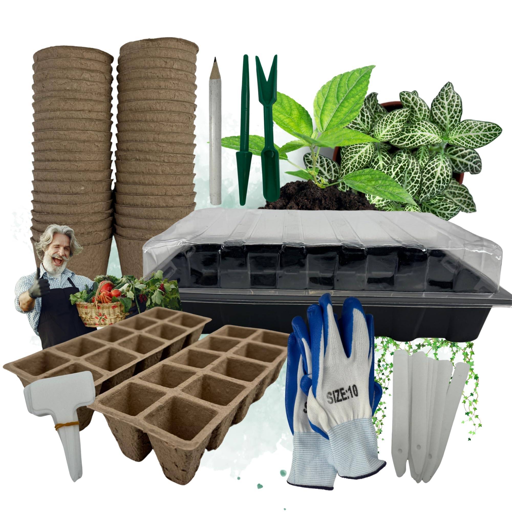 Zimmergewächshaus Anzuchtkasten Anzucht Set Starter + Pflanztöpfe + Werkzeug + Handschuhe für Samen Stecklinge Sämling Keimling Mini Gewächshaus