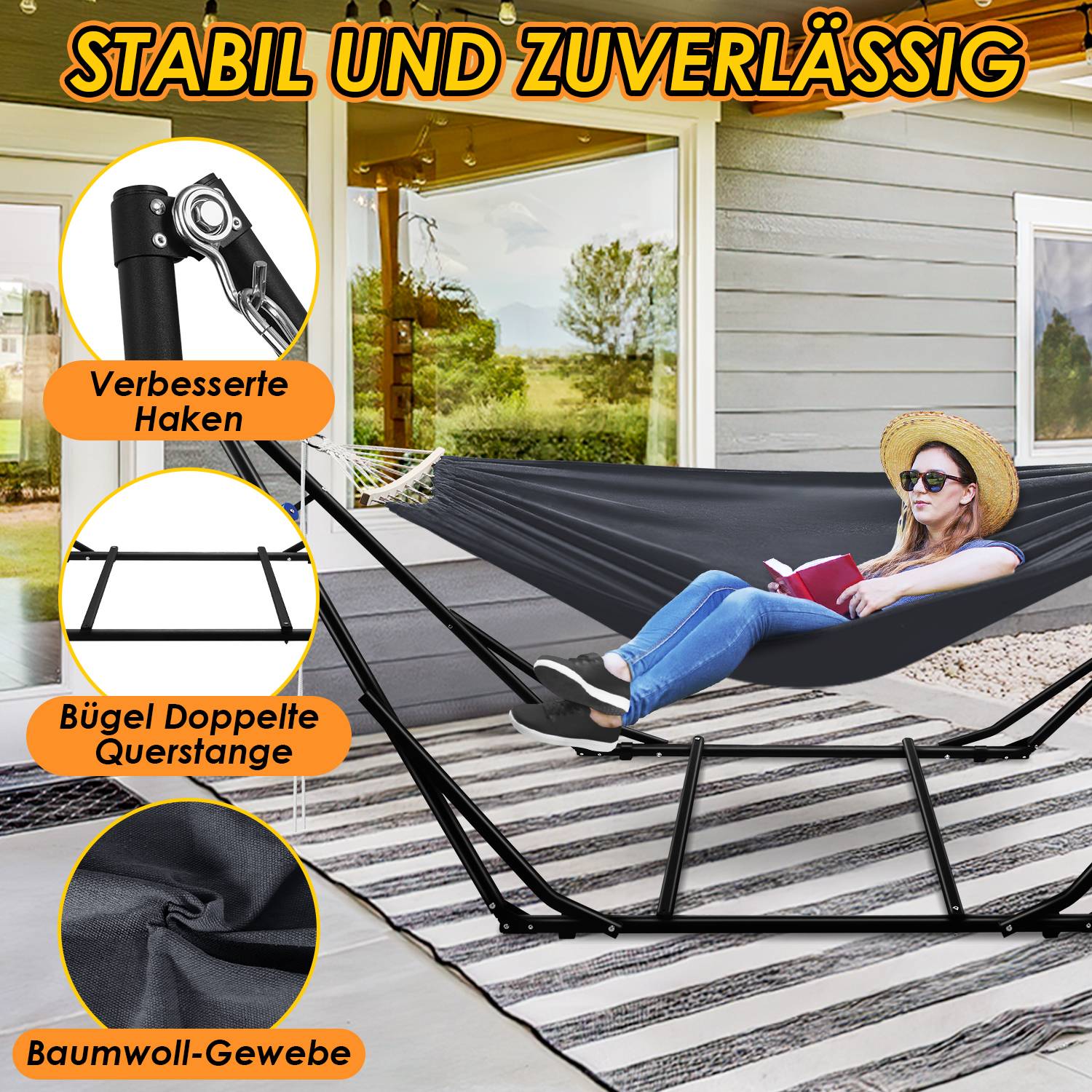 Hängematte mit Gestell Dunkelgrau bis 150kg Hängematten Outdoor Stabhängematte Hängesessel