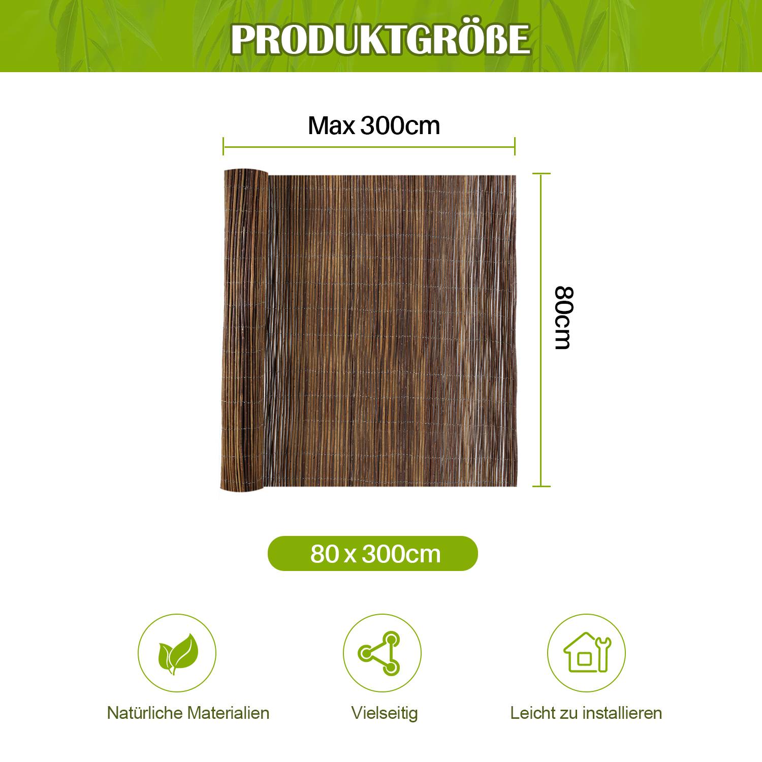 Weidenzaun Weidenmatte 80 x 300cm Sichtschutz Sichtschutzmatte Zaun für Garten, Terrasse und Balkon