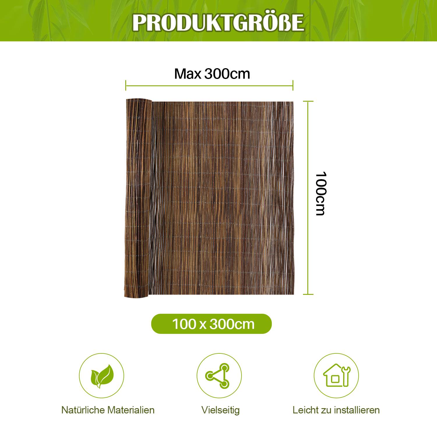 Weidenzaun Weidenmatte 100 x 300cm Sichtschutz Sichtschutzmatte Zaun für Garten, Terrasse und Balkon