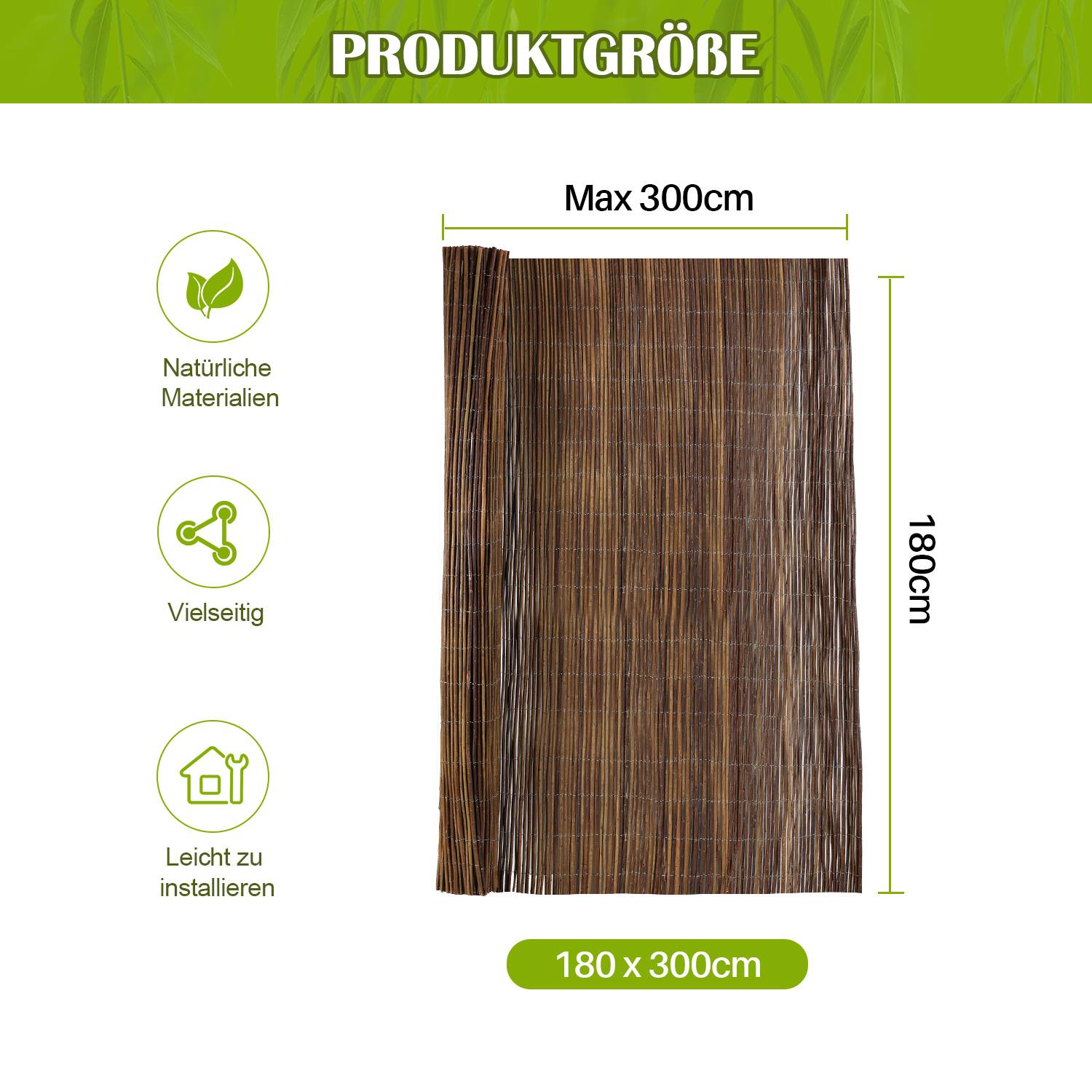 Weidenzaun Weidenmatte 180 x 300cm Sichtschutz Sichtschutzmatte Zaun für Garten, Terrasse und Balkon