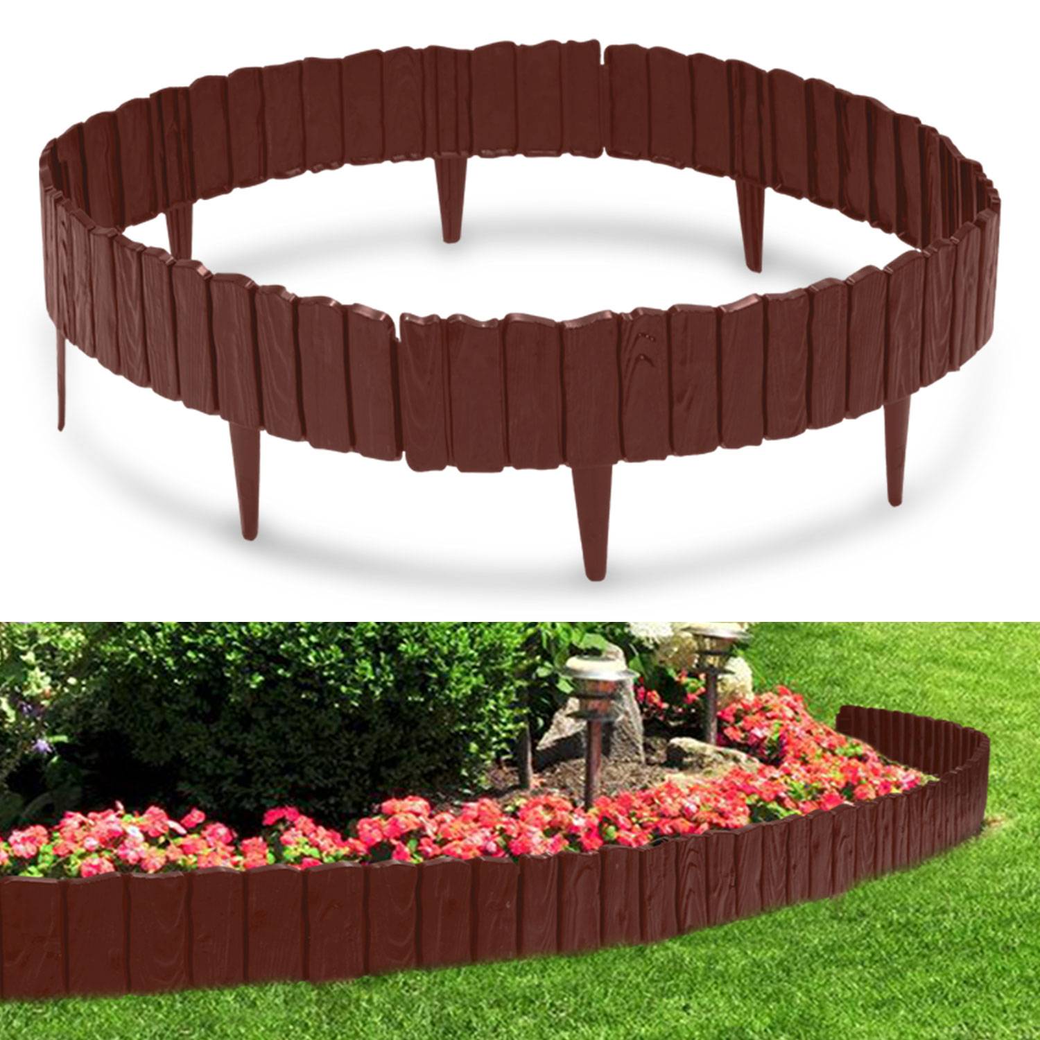 4 Stück Rasenkante Holzoptik Beeteinfassung Beetzaun Beetumrandung Kunststoff für Garten, Wiese 2,3m Braun