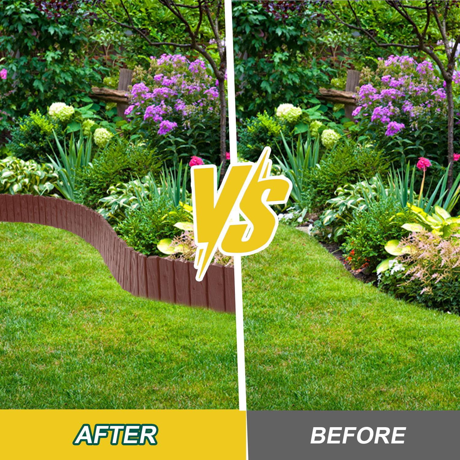 4 Stück Rasenkante Holzoptik Beeteinfassung Beetzaun Beetumrandung Kunststoff für Garten, Wiese 2,3m Braun