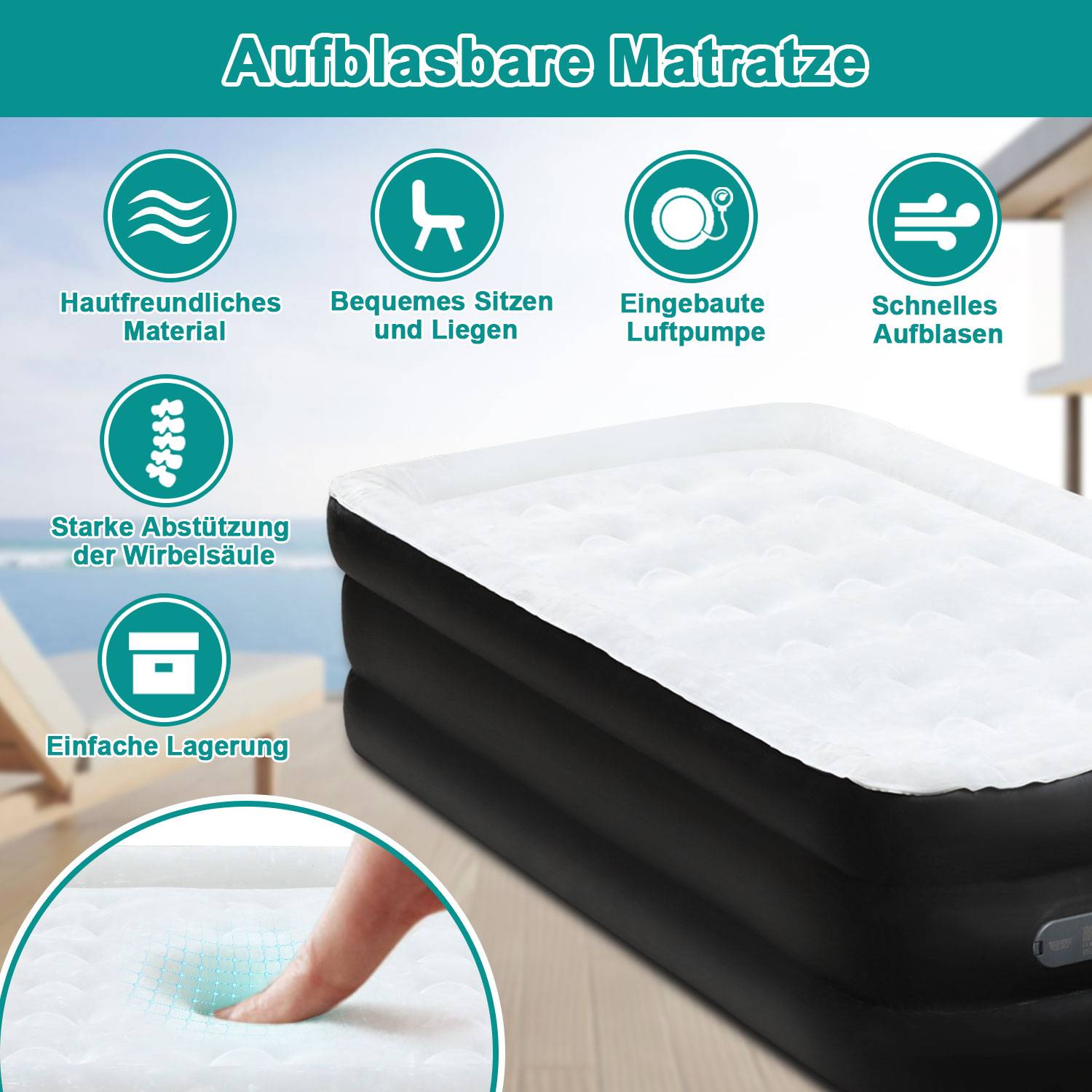Luftmatratze 2 Personen Luftbett Selbstaufblasend 200 x 152 x 46cm Aufblasbare Matratze mit Elektrischer