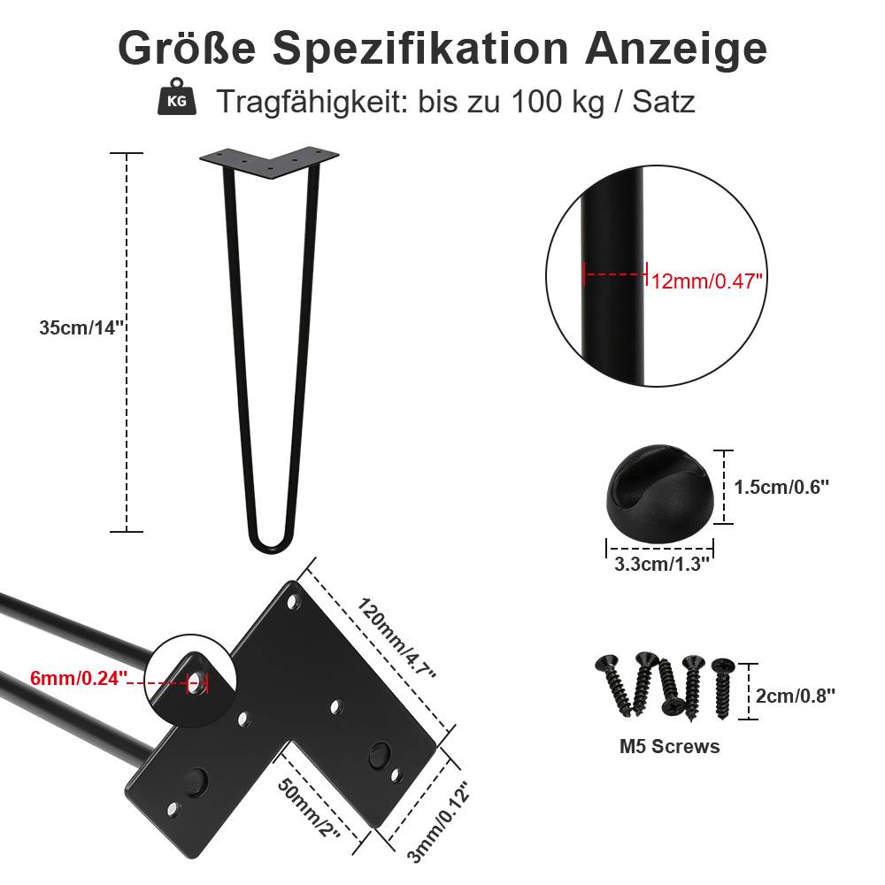 4x 35cm Hairpin Legs Tischbeine Haarnadelbeine 2 Bügel Tischgestell DIY Tischkufen Esstisch Schwarz