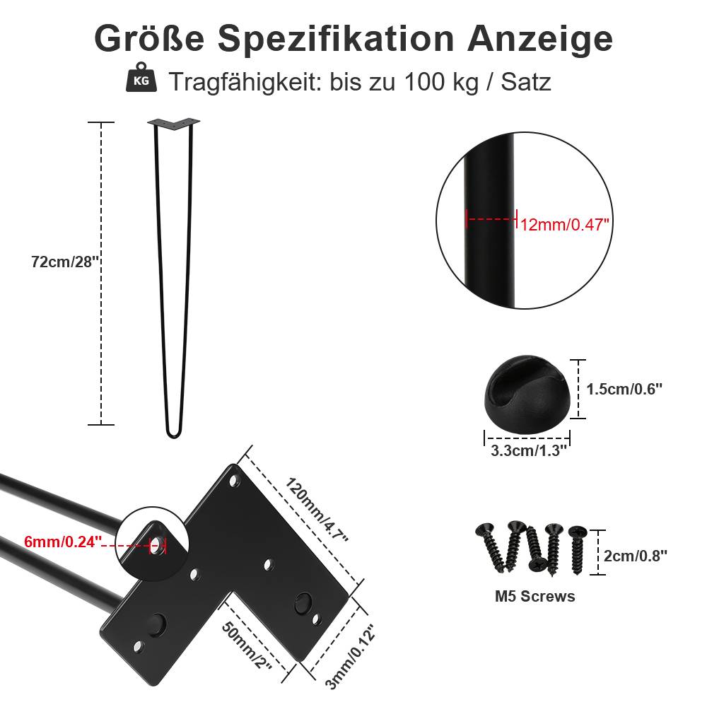 4x 72cm Hairpin Legs Tischbeine Haarnadelbeine 2 Bügel Tischgestell DIY Tischkufen Esstisch Schwarz
