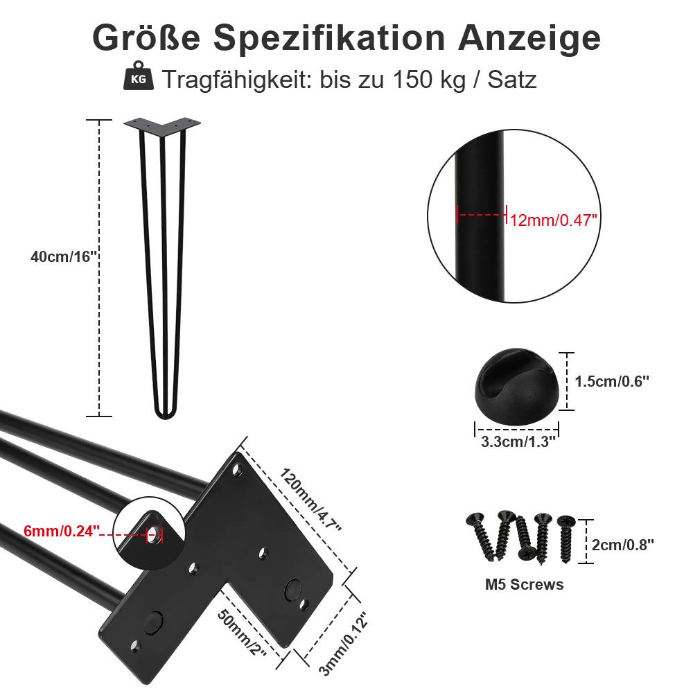 4x 40cm Hairpin Legs Tischbeine Haarnadelbeine 3 Bügel Tischgestell DIY Tischkufen Esstisch Schwarz