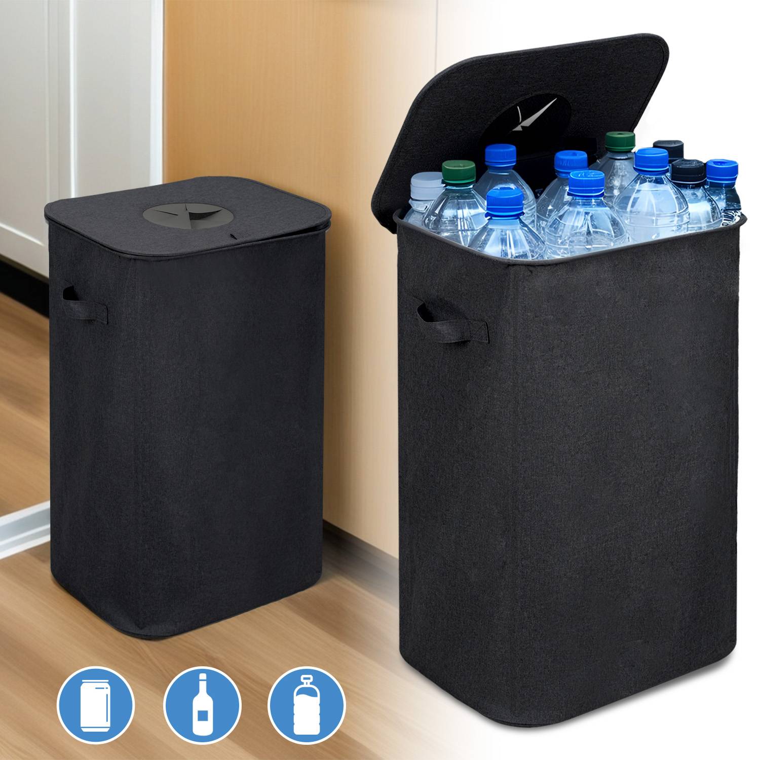 100L pfandflaschen aufbewahrung mit Deckel, Groß Behälter Leergut Flaschensammler Küche Abstellraum Flaschentasche Schwarz