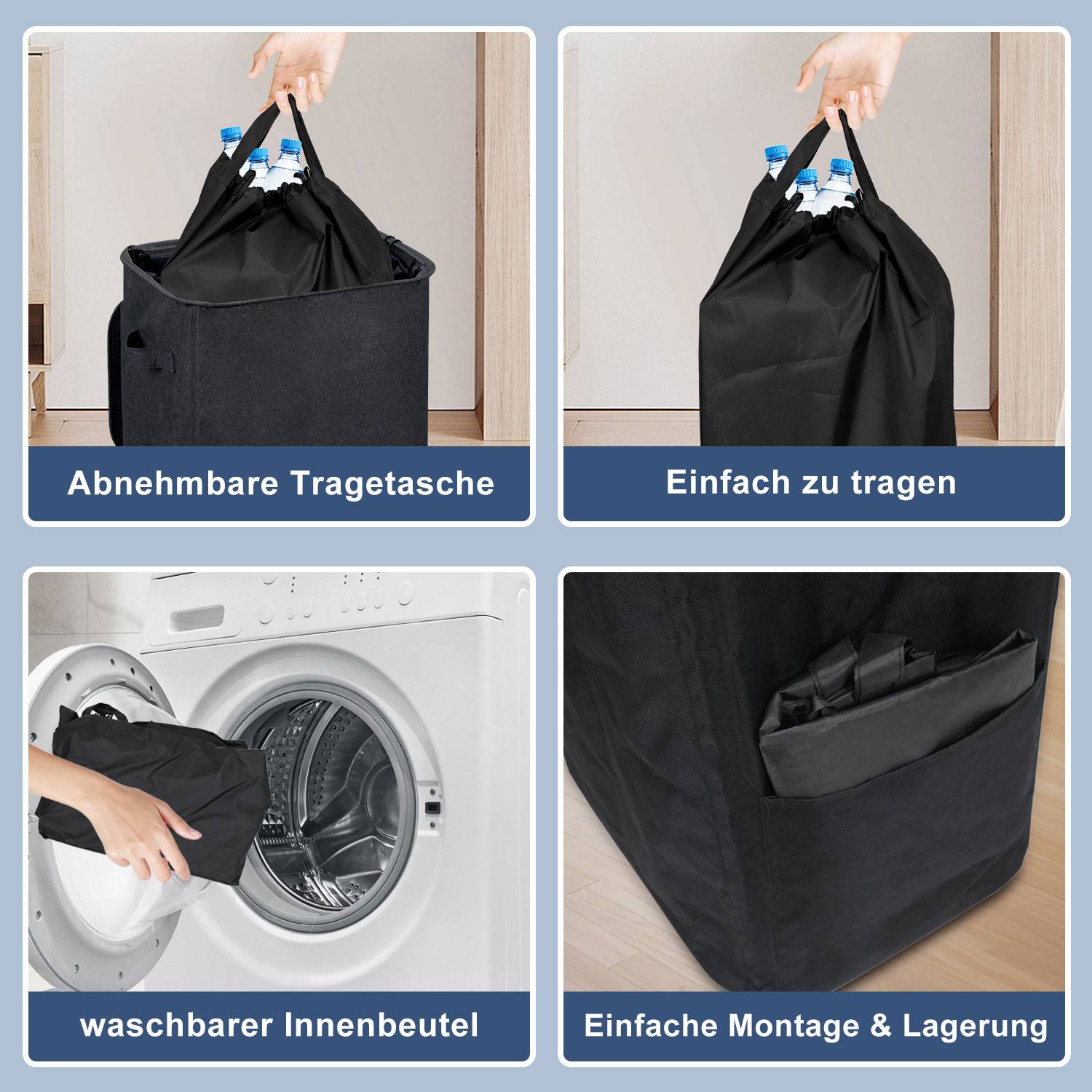 100L pfandflaschen aufbewahrung mit Deckel, Groß Behälter Leergut Flaschensammler Küche Abstellraum Flaschentasche Schwarz