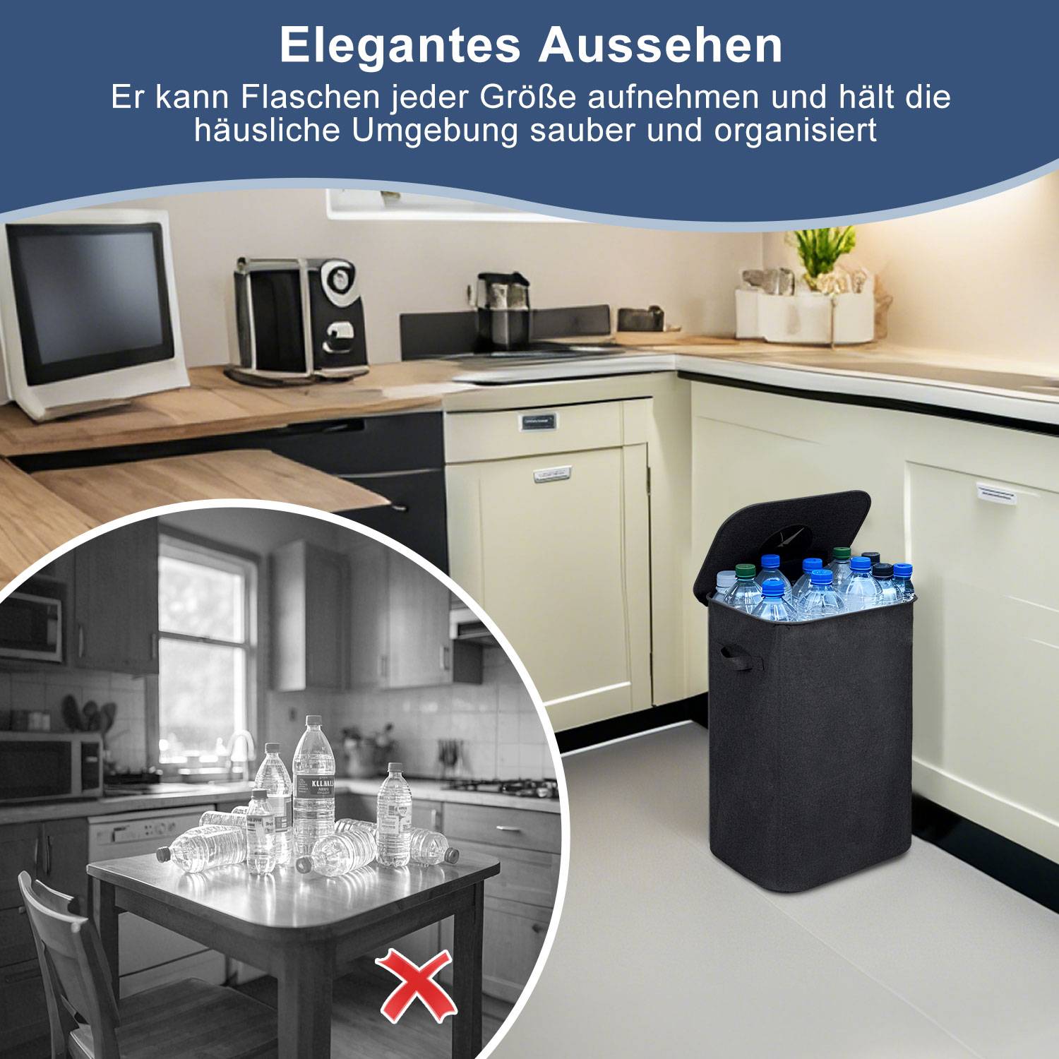 100L pfandflaschen aufbewahrung mit Deckel, Groß Behälter Leergut Flaschensammler Küche Abstellraum Flaschentasche Schwarz