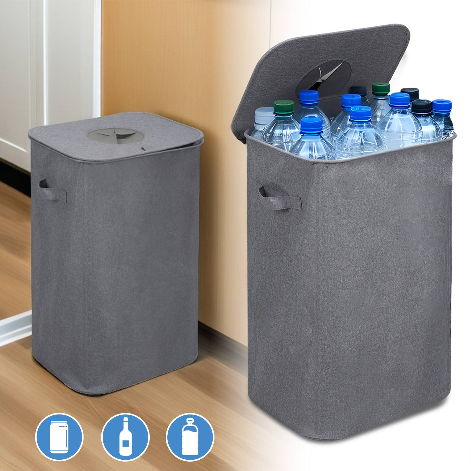 100L pfandflaschen aufbewahrung mit Deckel, Groß Behälter Leergut Flaschensammler Küche Abstellraum Flaschentasche Grau