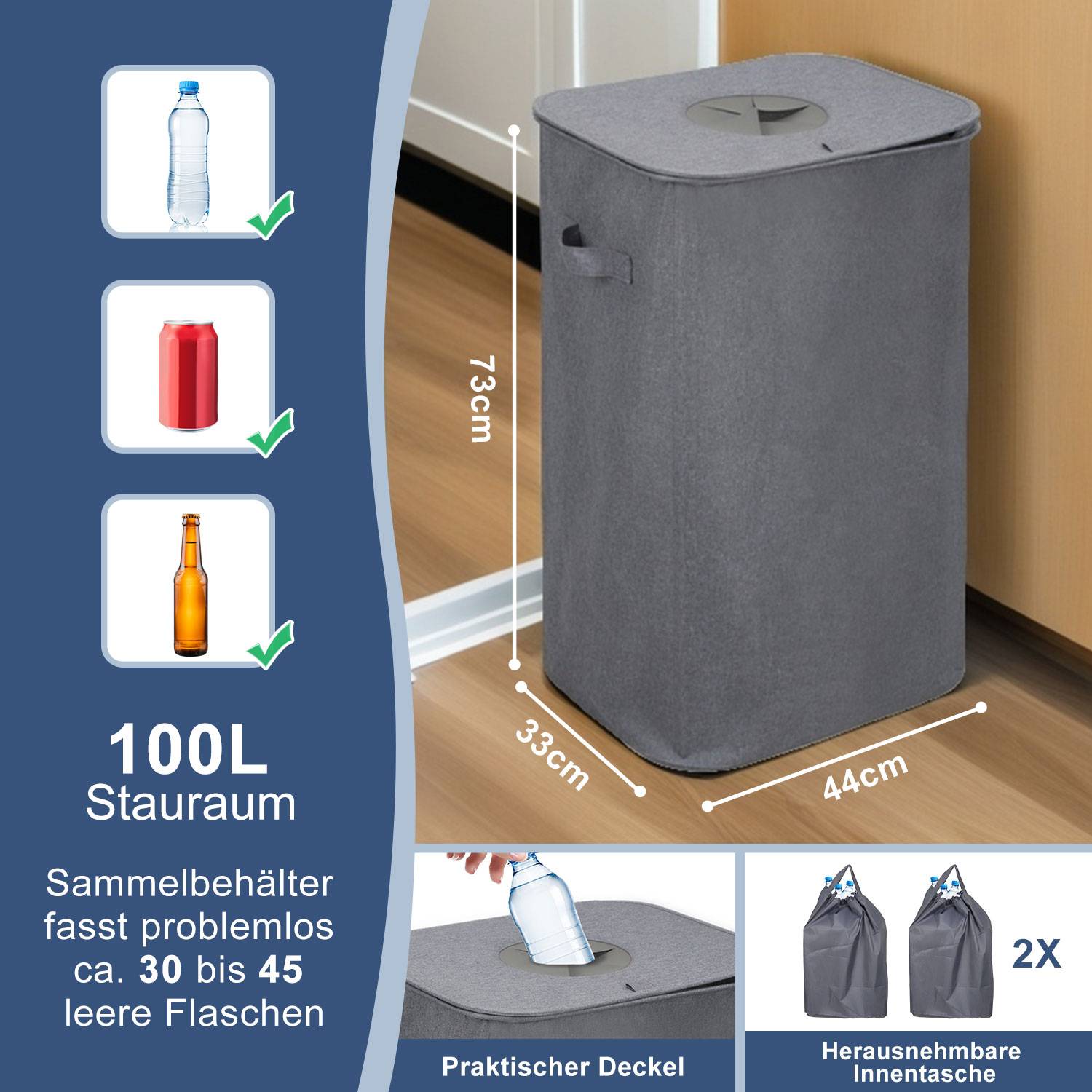 100L pfandflaschen aufbewahrung mit Deckel, Groß Behälter Leergut Flaschensammler Küche Abstellraum Flaschentasche Grau