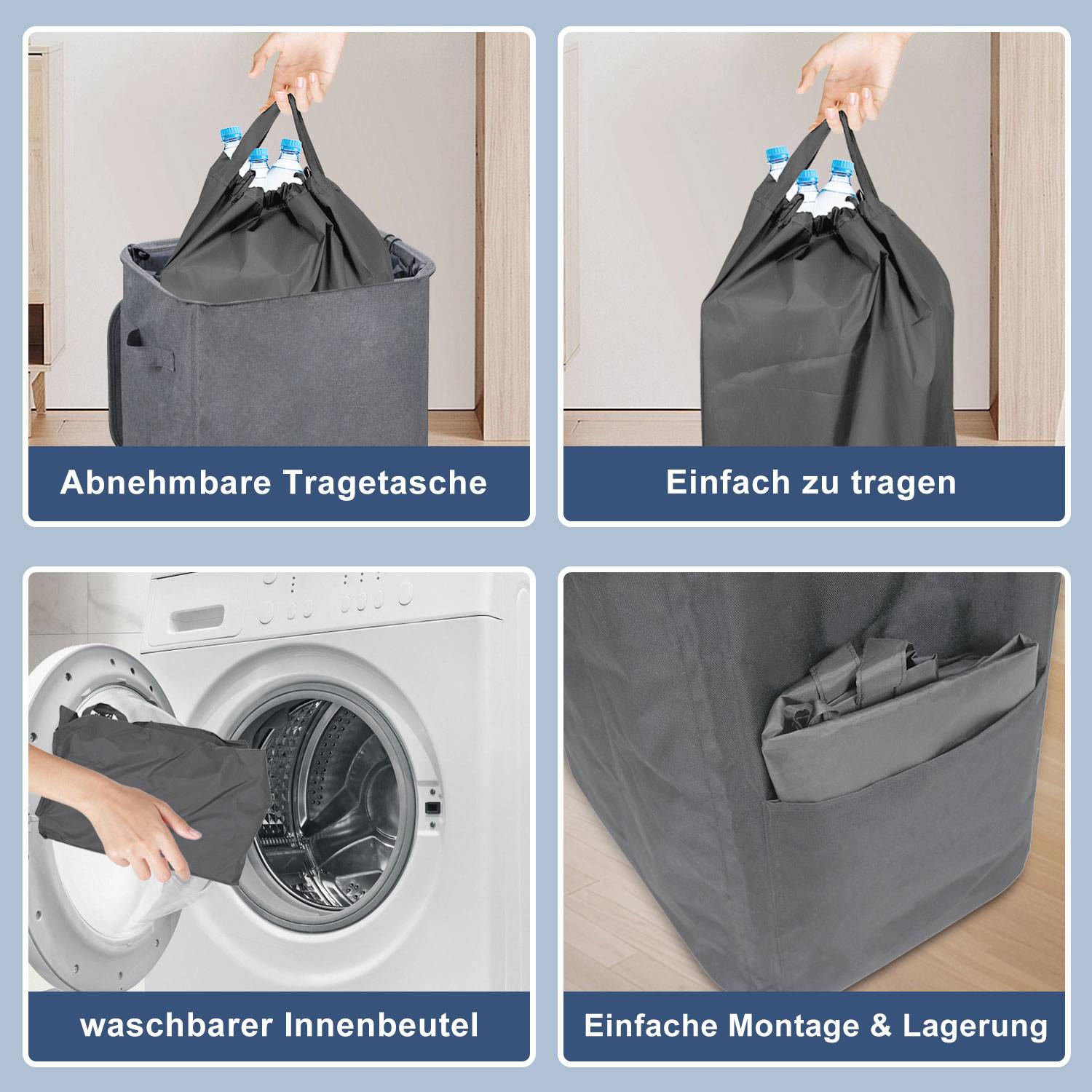 100L pfandflaschen aufbewahrung mit Deckel, Groß Behälter Leergut Flaschensammler Küche Abstellraum Flaschentasche Grau