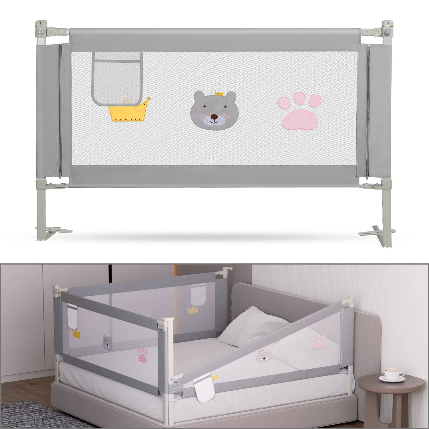 200cm Bettgitter Bettschutzgitter Kinderbettgitter Höhenverstellbar Babybettgitter Rausfallschutz Für Babys Und Kinder grau