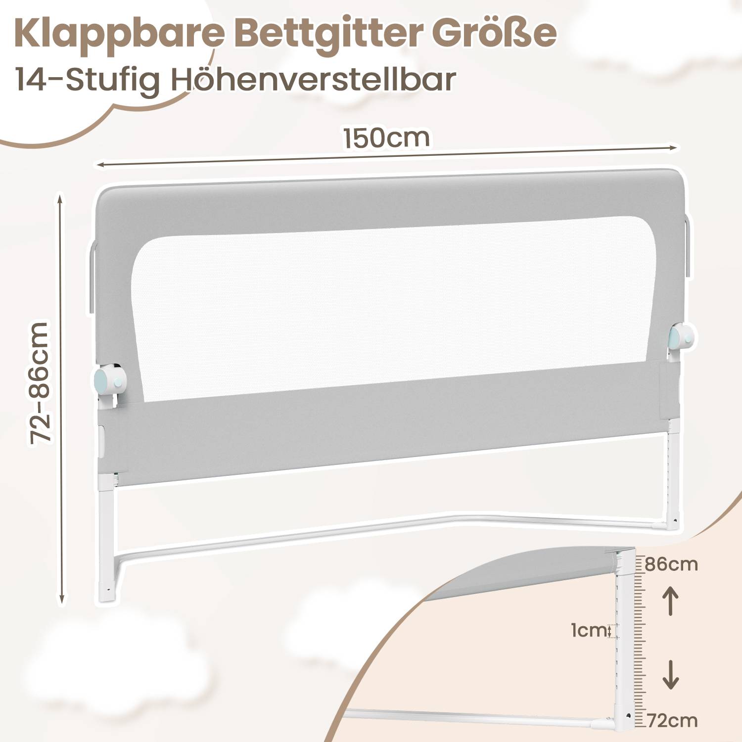 150cm klappbares Bettgitter, 180 Grad drehbares Bettschutzgitter für Kleinkinder, höhenverstellbar, luftiges Netz, für Kinderbett, grau