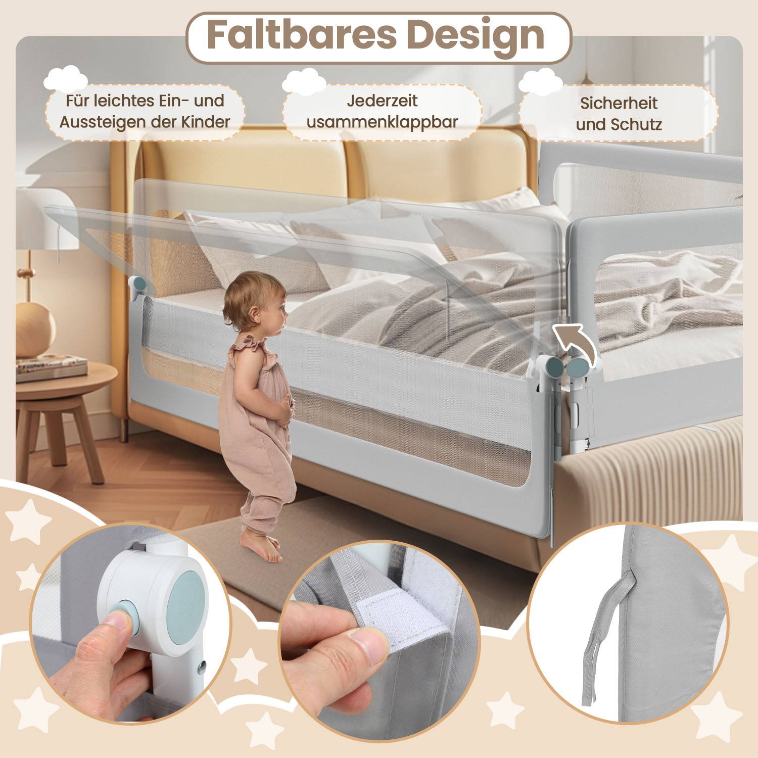 180cm klappbares Bettgitter, 180 Grad drehbares Bettschutzgitter für Kleinkinder, höhenverstellbar, luftiges Netz, für Kinderbett, grau