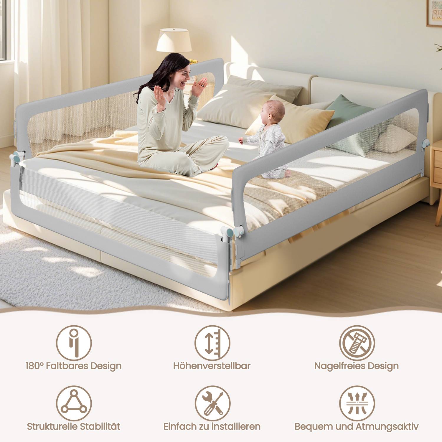 180cm klappbares Bettgitter, 180 Grad drehbares Bettschutzgitter für Kleinkinder, höhenverstellbar, luftiges Netz, für Kinderbett, grau