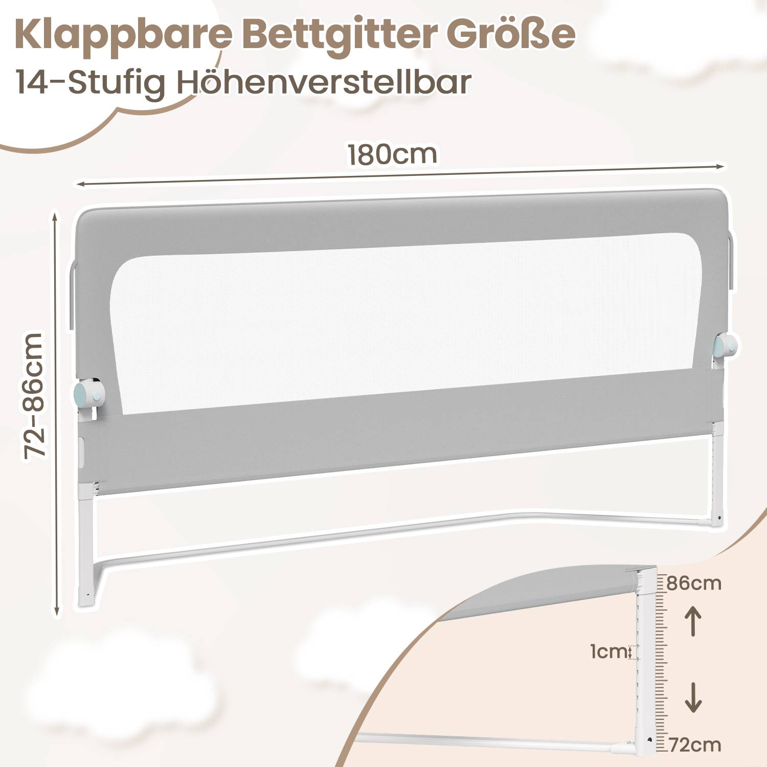180cm klappbares Bettgitter, 180 Grad drehbares Bettschutzgitter für Kleinkinder, höhenverstellbar, luftiges Netz, für Kinderbett, grau