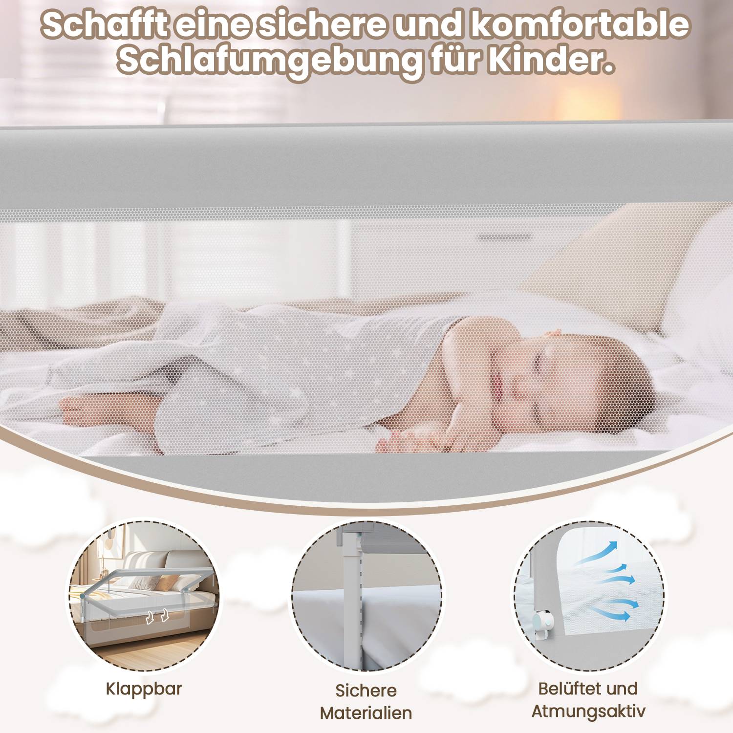 180cm klappbares Bettgitter, 180 Grad drehbares Bettschutzgitter für Kleinkinder, höhenverstellbar, luftiges Netz, für Kinderbett, grau