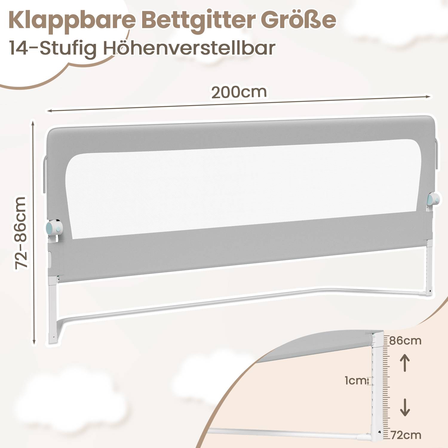 200cm klappbares Bettgitter, 180 Grad drehbares Bettschutzgitter für Kleinkinder, höhenverstellbar, luftiges Netz, für Kinderbett, grau