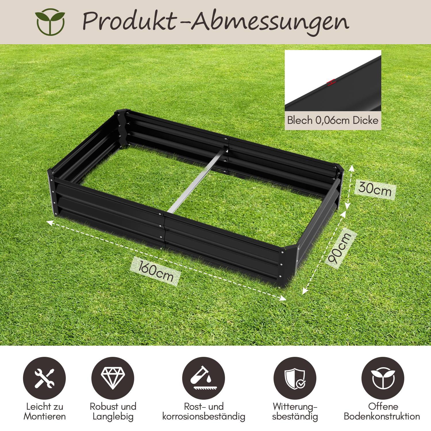 Hochbeet Gemüsebeet Pflanzbeet Metall Pflanzkasten für Garten ideal 160x90x30 cm Schwarz