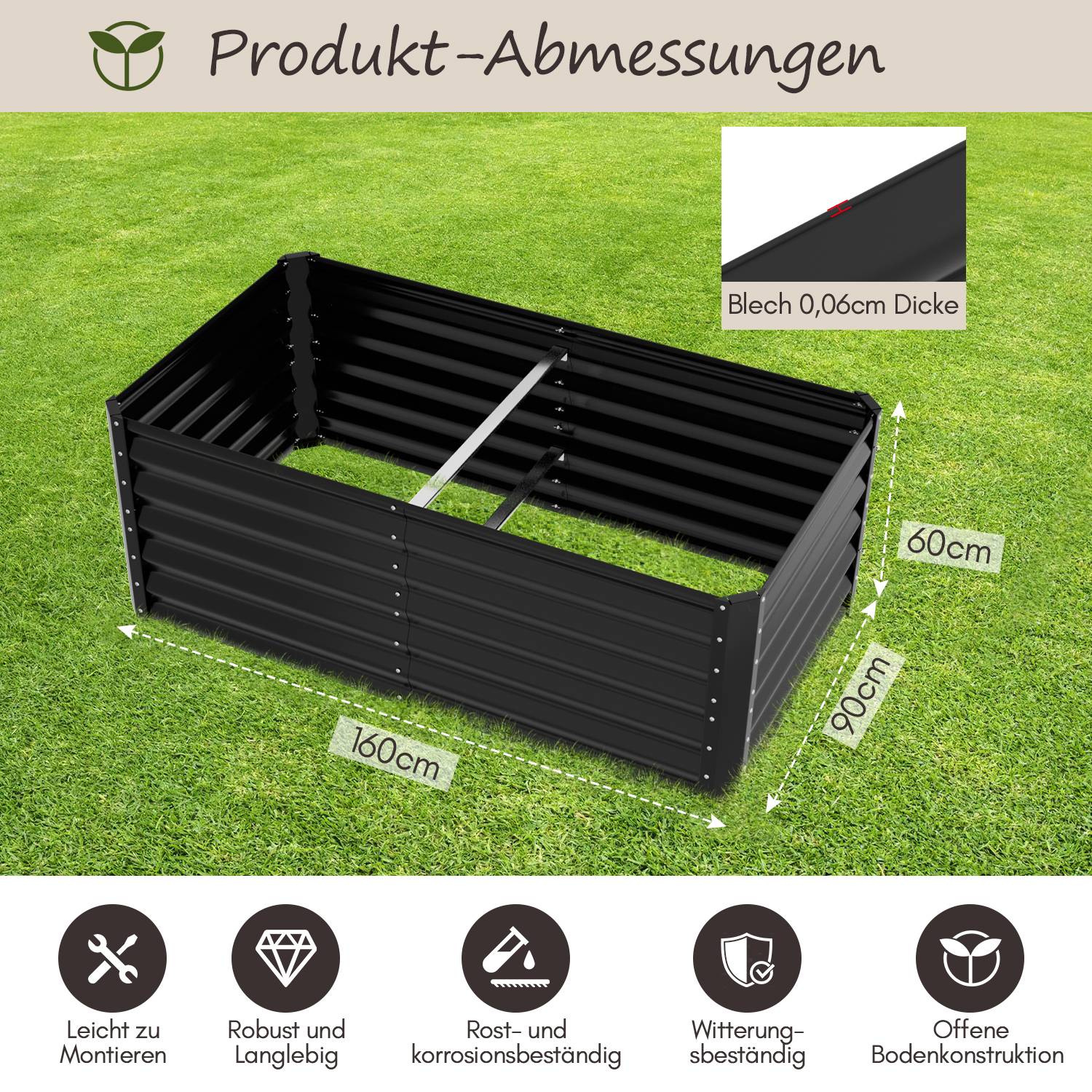 Hochbeet Gemüsebeet Pflanzbeet Metall Pflanzkasten für Pflanzen 160x90x60 cm Schwarz Pflanzkasten