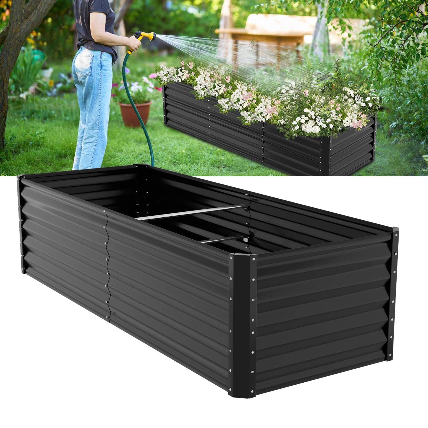 Hochbeet Gemüsebeet 240x90x60 cm Pflanzbeet Stahl Pflanzkasten Schwarz Blumenbeet Gemüsegarten