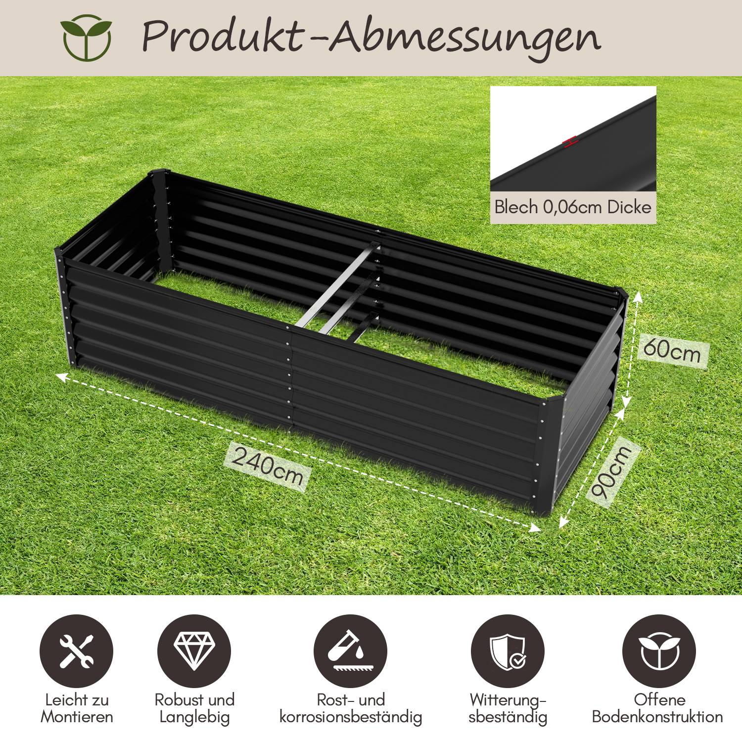 Hochbeet Gemüsebeet 240x90x60 cm Pflanzbeet Stahl Pflanzkasten Schwarz Blumenbeet Gemüsegarten