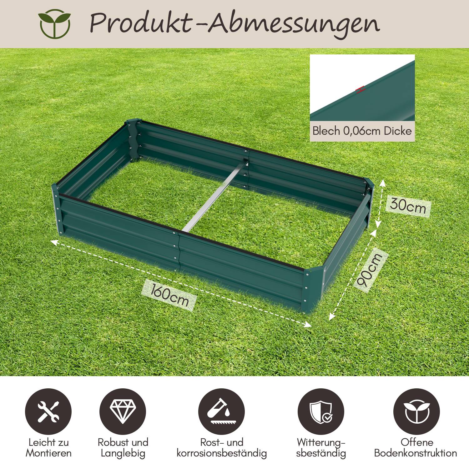 Hochbeet Gemüsebeet Metall Pflanzbeet Pflanzkasten 160x90x30 cm Grün für Garten ideal