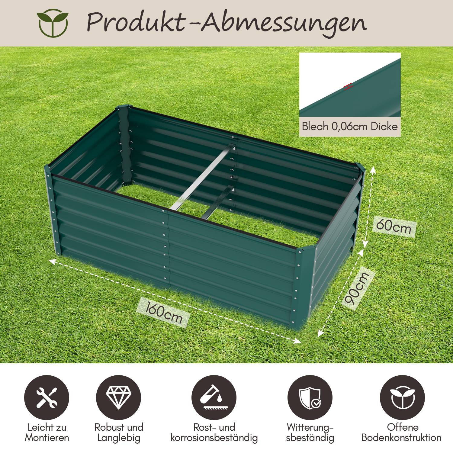 Hochbeet Gemüsebeet Pflanzbeet Grün Metall Pflanzkasten für Pflanzen 160x90x60 cm Stahl Pflanzkasten