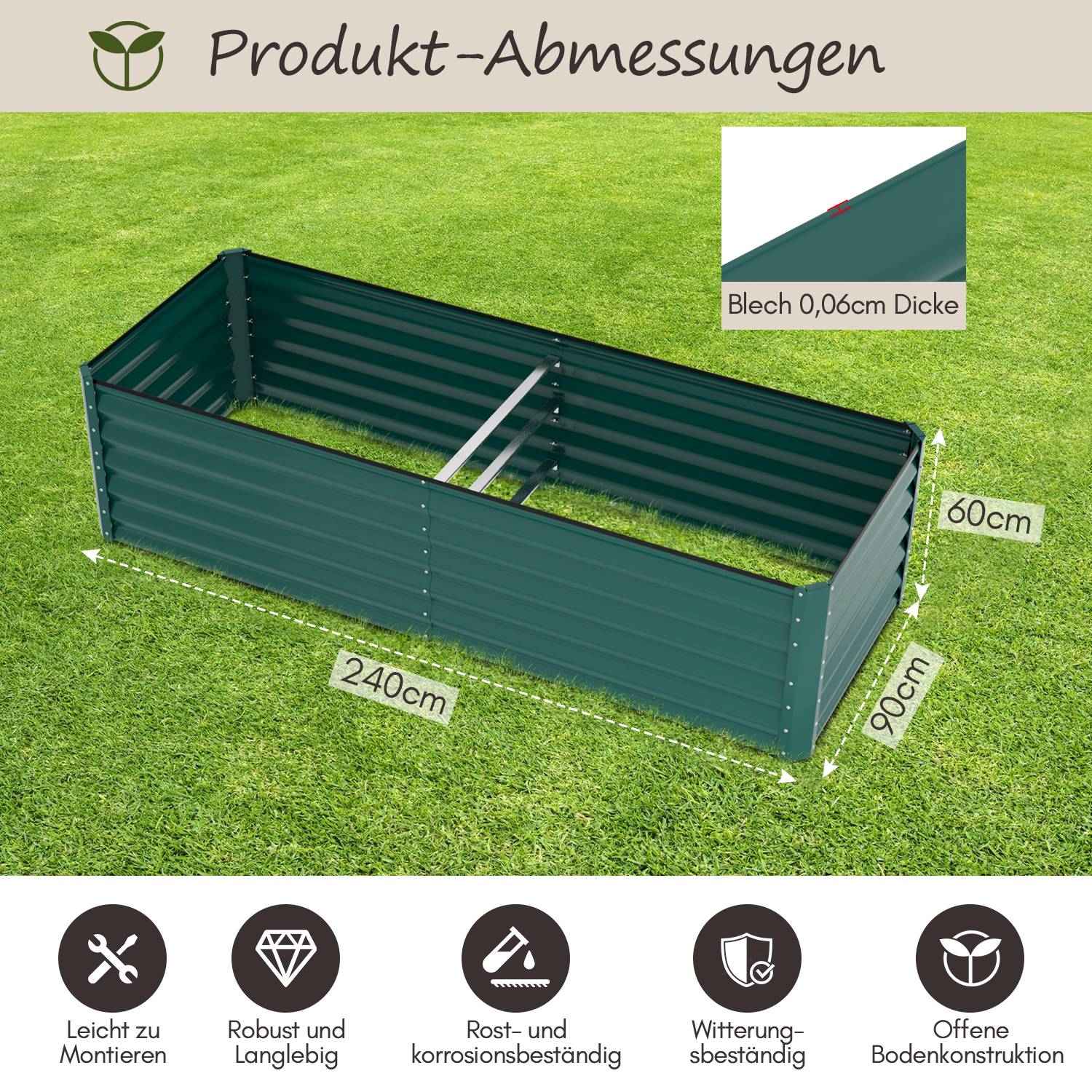 Hochbeet Gemüsebeet Pflanzbeet Stahl Pflanzkasten Blumenbeet Kräuterbeet 240x90x60 cm Grün