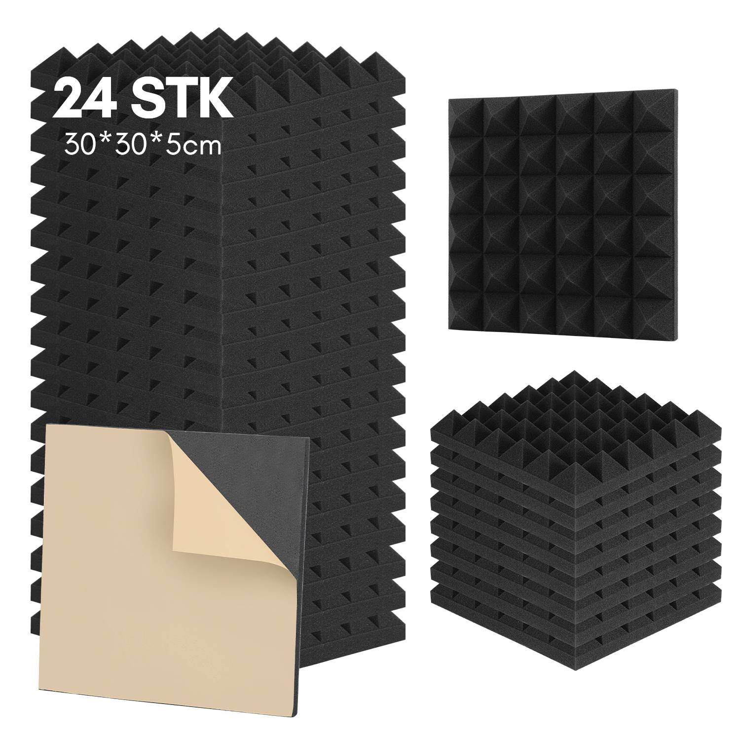 24 Stück Akustikschaumstoff Akustikschaum Matten Pyramide 30 x 30 x 5cm Schalldämmmatten zur effektiven Schaumstoff Fliesen Schwarz