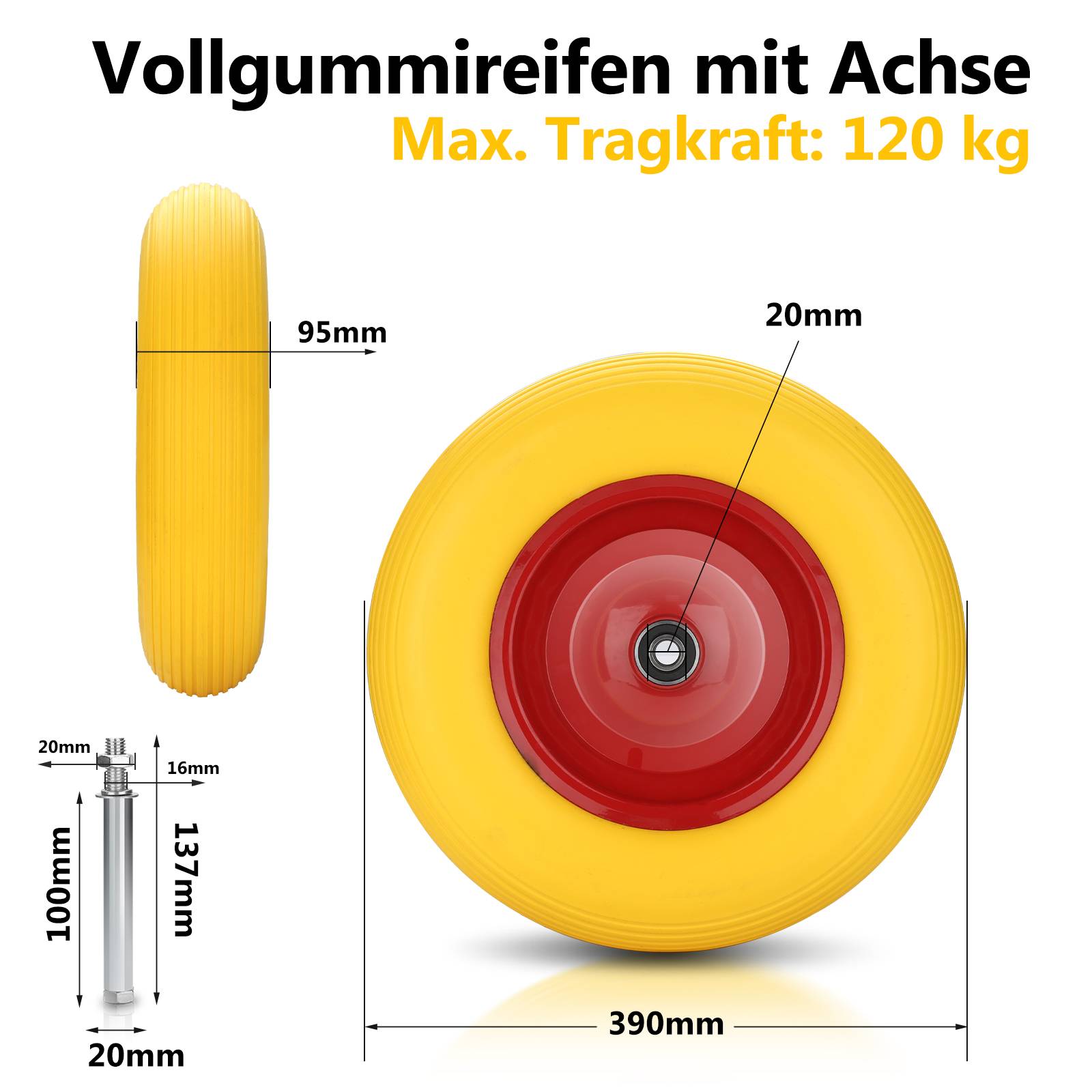 2x Schubkarrenrad Vollgummi Gelb 4.80/4.00-8 - Ø390 x 95mm Ersatzrad Schubkarrenreifen