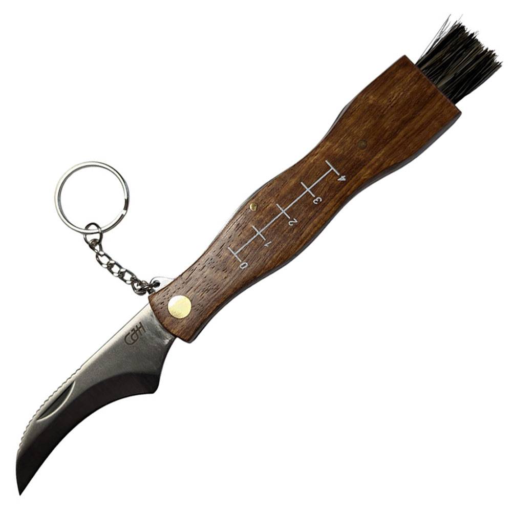 Kompaktes Klappmesser mit Holzgriff, gekrümmter schwarzer Klinge und Schlüsselanhängerring, geschlossen auf weißem Hintergrund dargestellt.