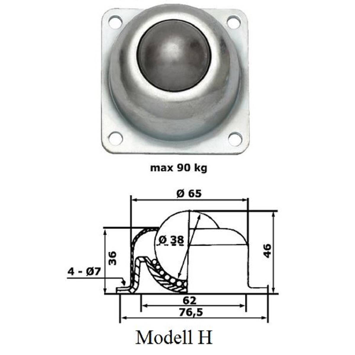 Kugeltransferelement mit Metallgehäuse, maximale Belastung 90 kg, Abmessungen: Durchmesser 65 mm, Höhe 46 mm, Modell H. Technische Zeichnung enthalten.