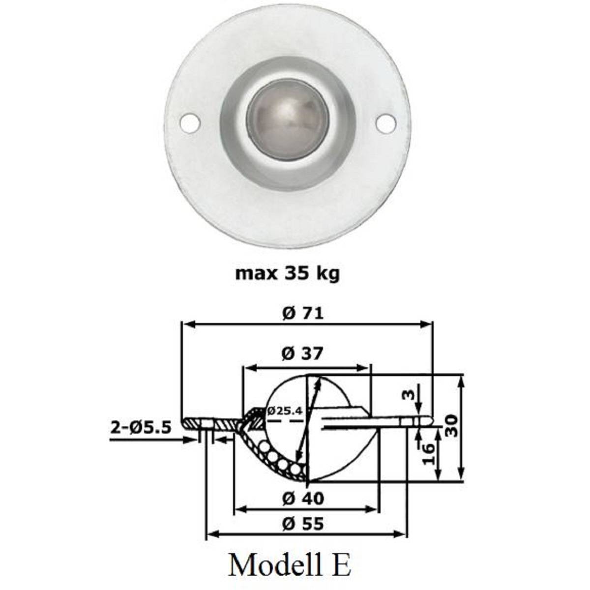 »Model E« Kugelübergabeelement mit einer Tragfähigkeit von 35 kg. Durchmesser 40 mm, Höhe 16 mm. Umfasst Draufsicht und Schnittansicht von der Seite.