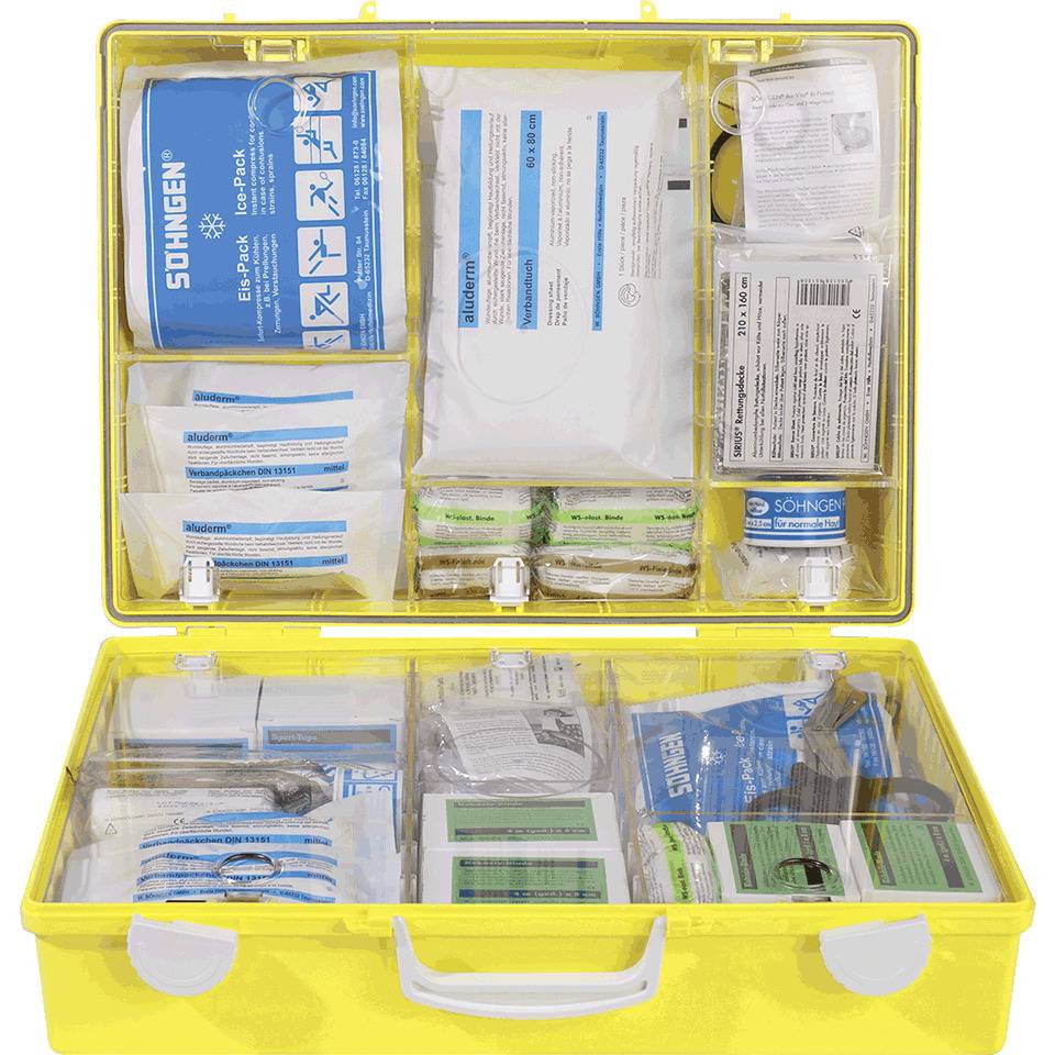 SÖHNGEN® Erste-Hilfe-Koffer Multisport, gemäß DIN 13157:2021, gelb, Wandhalterung