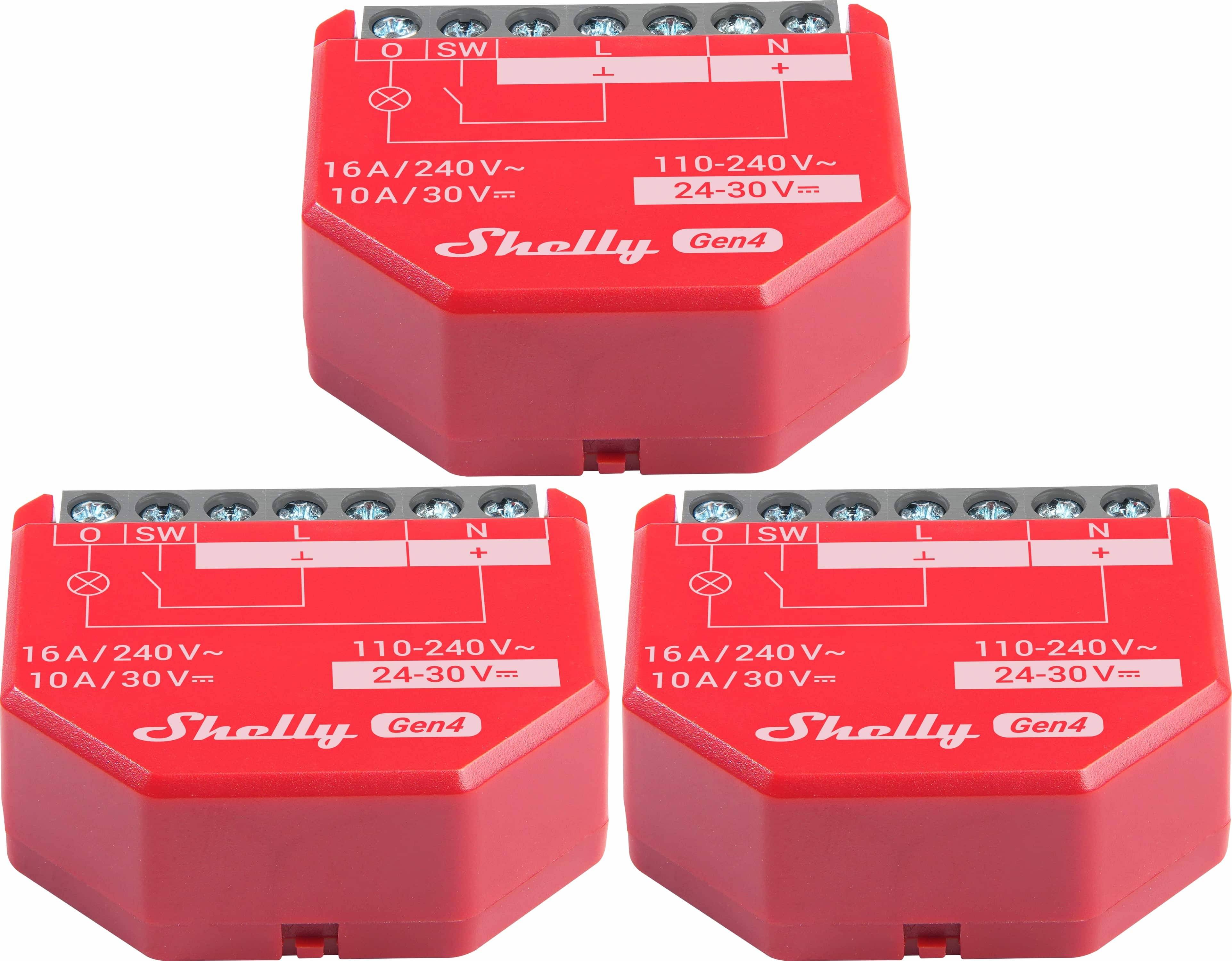 SHELLY Relais 1PM Gen4, 16 A, WLAN, Bluetooth, rot, 3 Stück