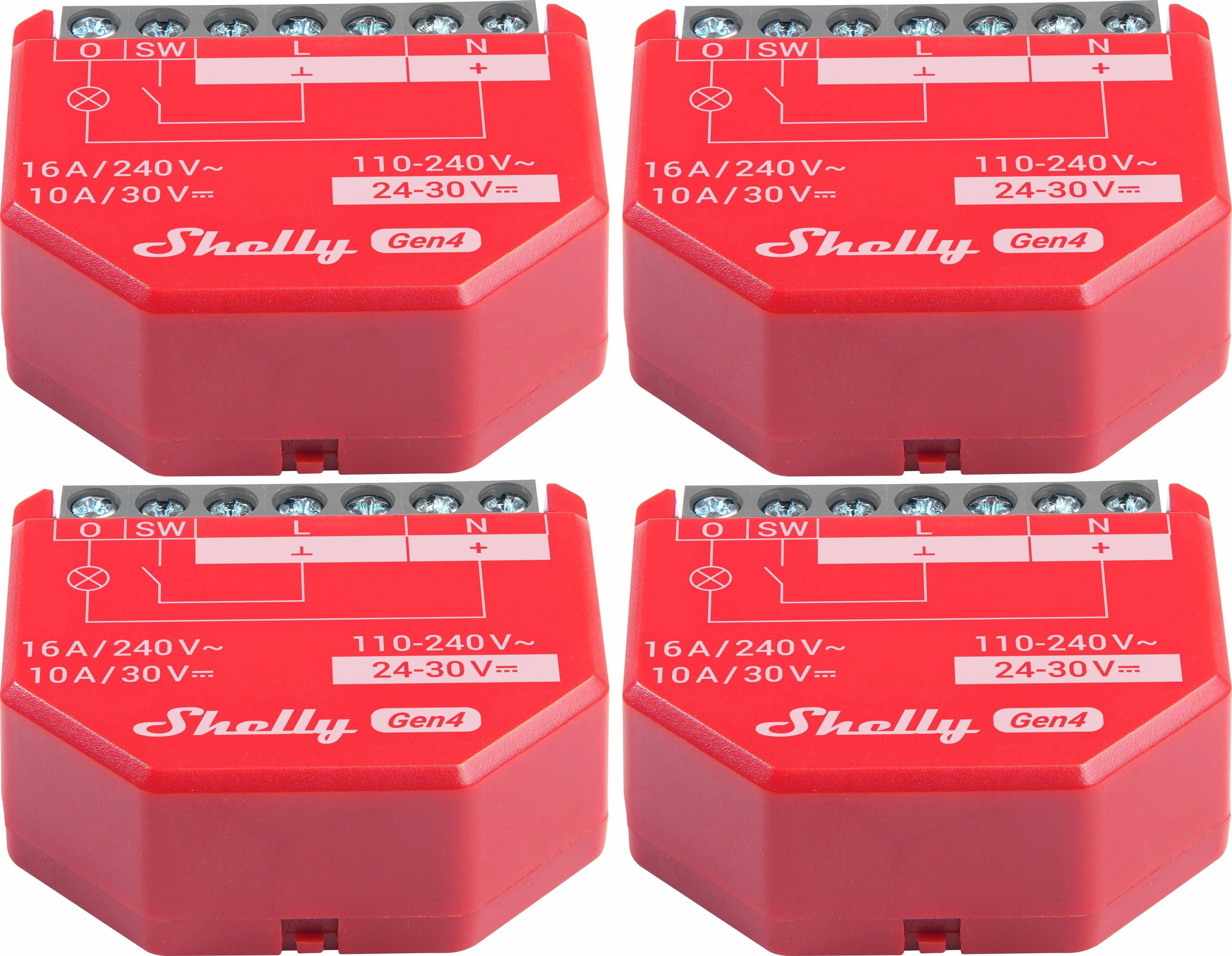 SHELLY Relais 1PM Gen4, 16 A, WLAN, Bluetooth, rot, 4 Stück