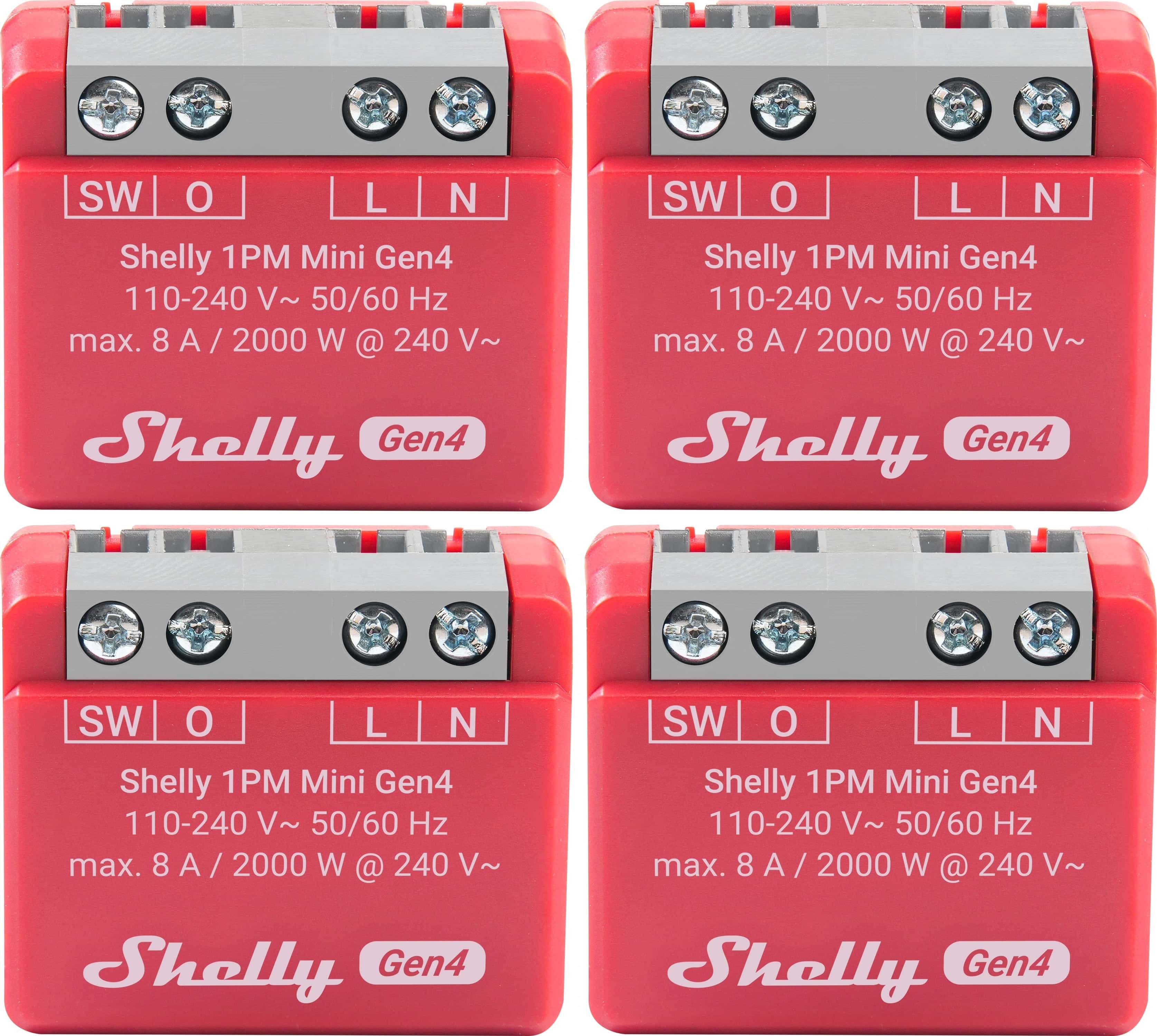 SHELLY Relais 1PM Mini Gen4, 8 A, WLAN, Bluetooth, rot, 4 Stück