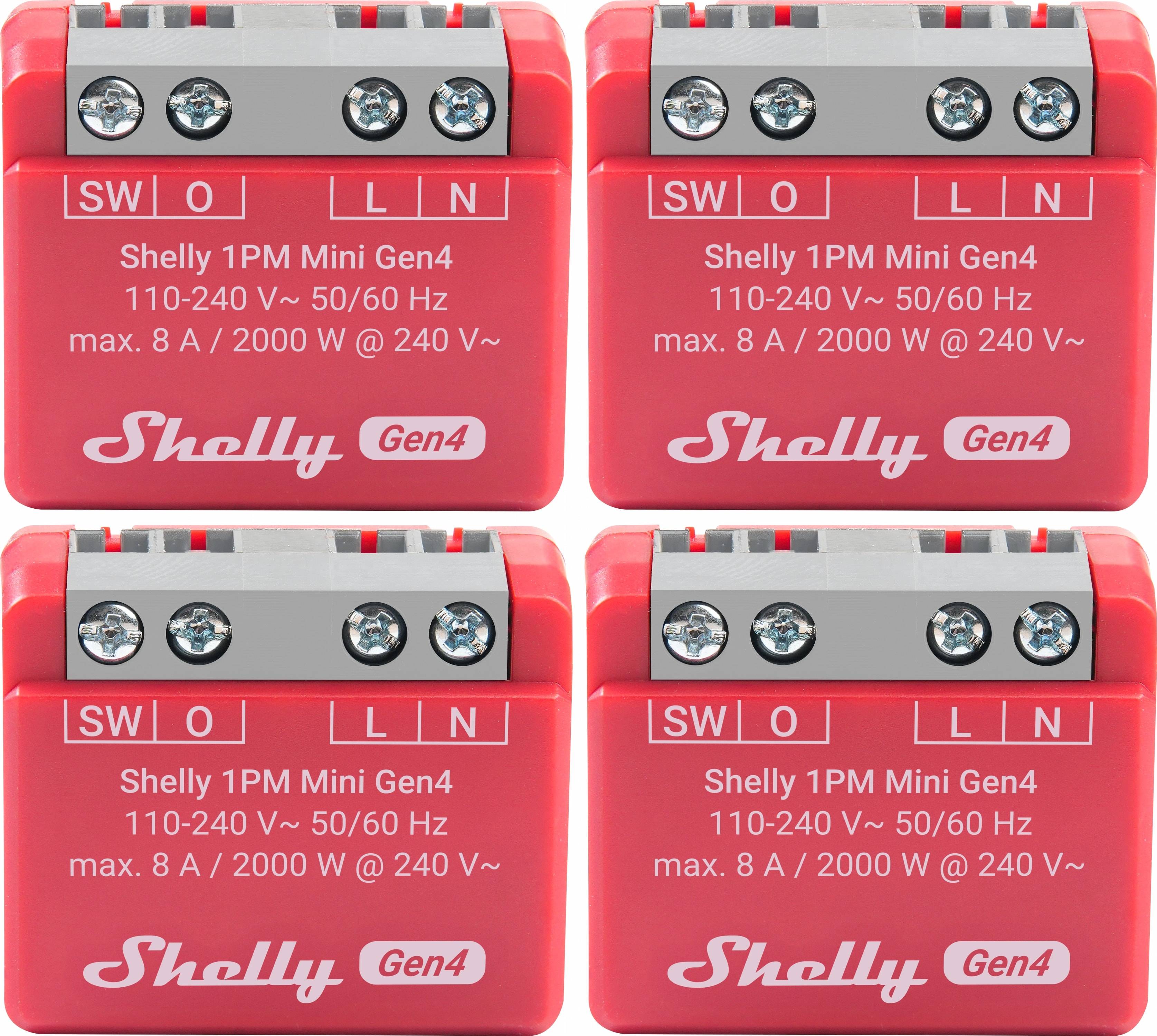 SHELLY Relais 1PM Mini Gen4, 8 A, WLAN, Bluetooth, rot, 4 Stück