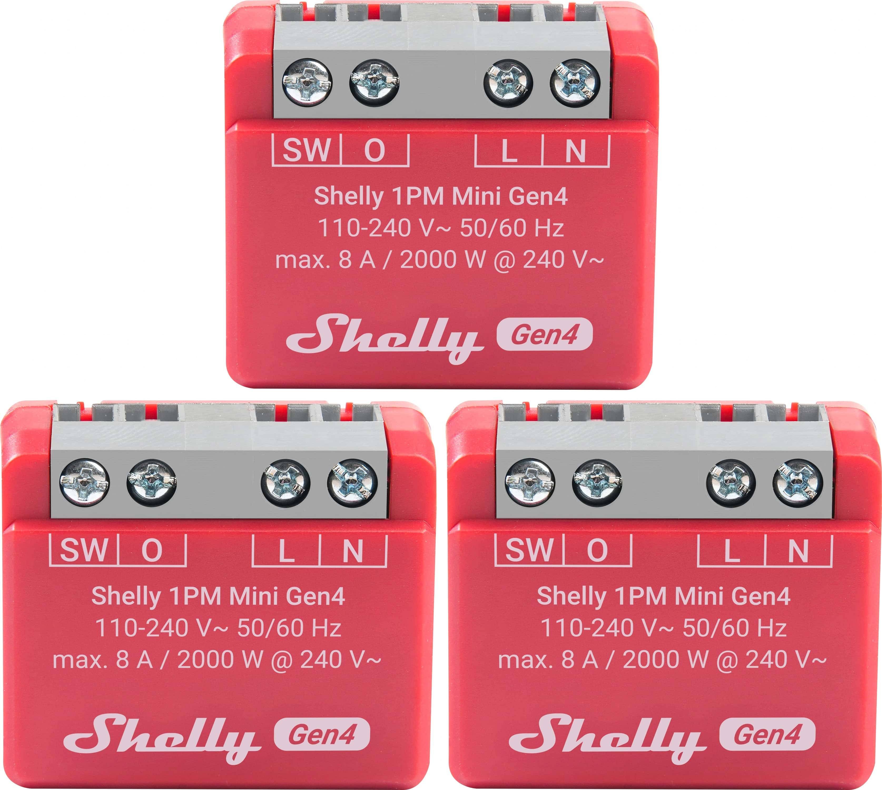 SHELLY Relais 1PM Mini Gen4, 8 A, WLAN, Bluetooth, rot, 3 Stück