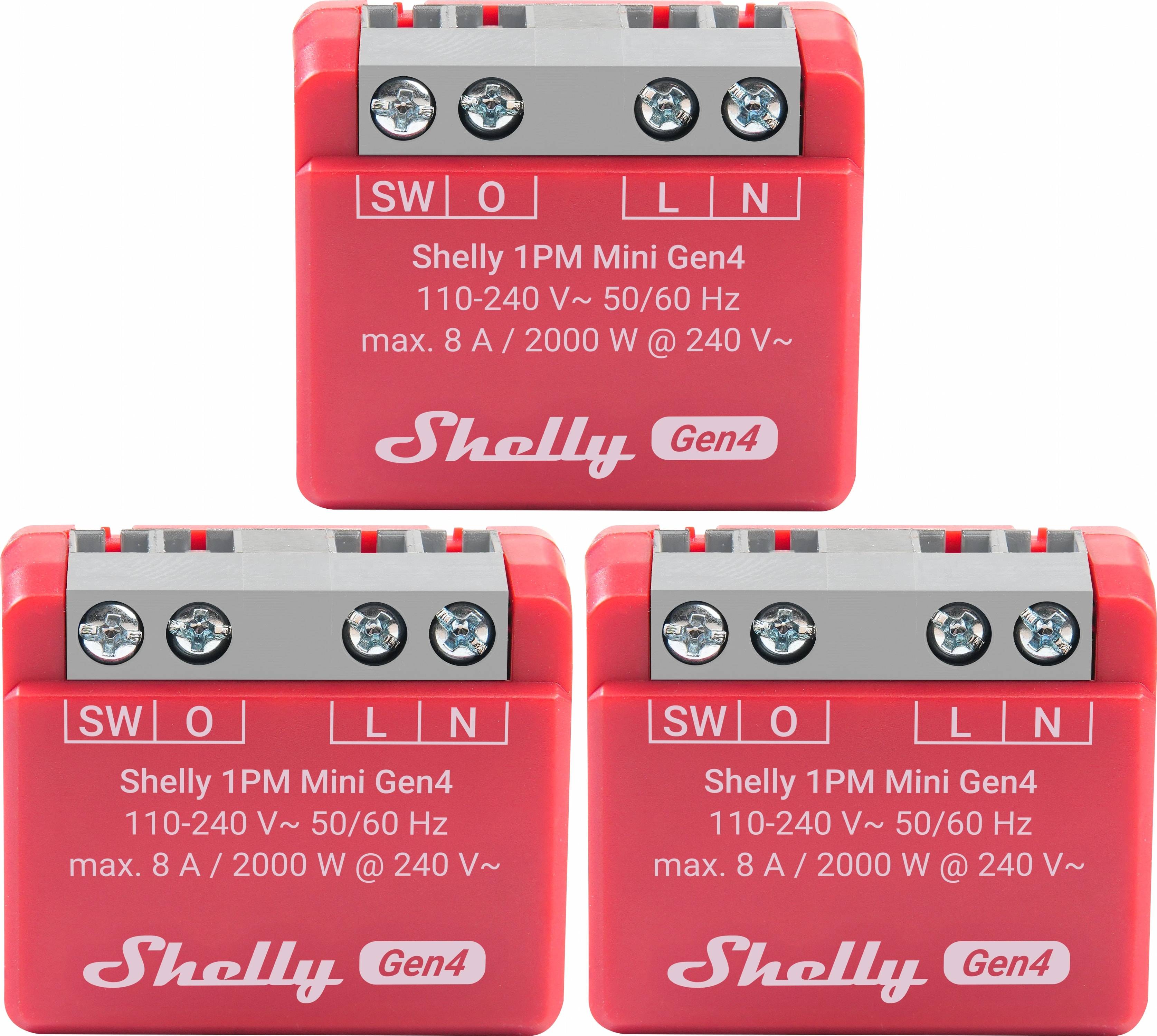 SHELLY Relais 1PM Mini Gen4, 8 A, WLAN, Bluetooth, rot, 3 Stück