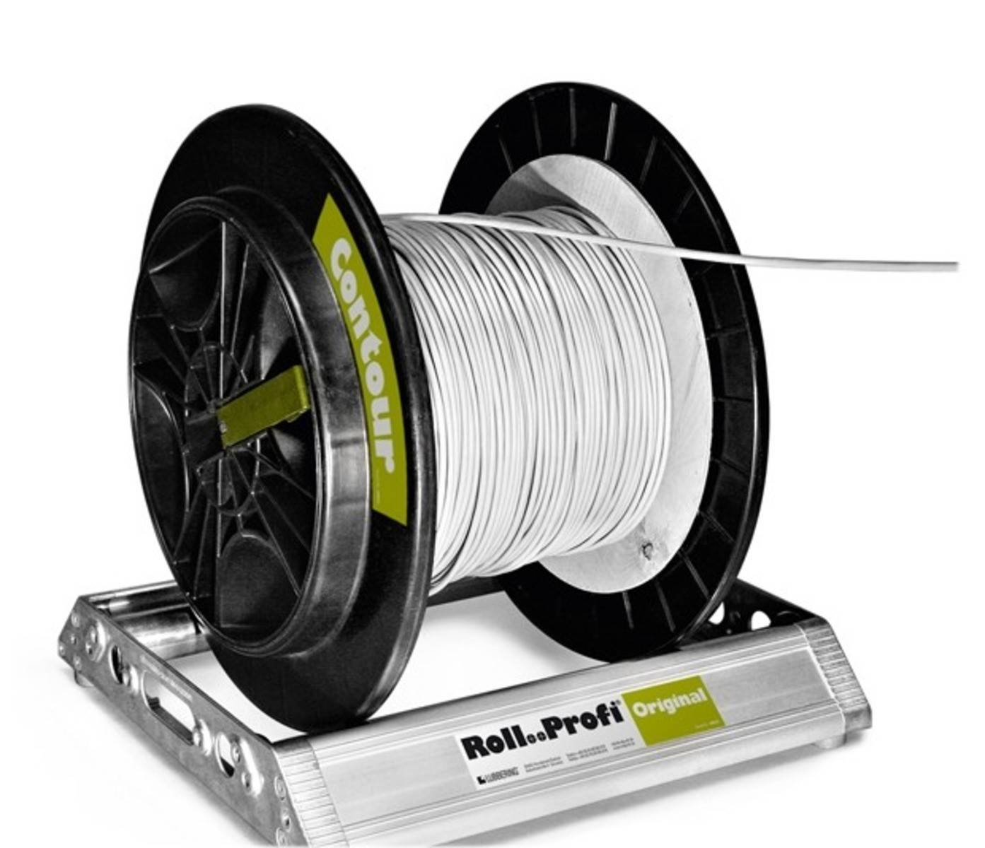 Eine große Spule mit weißem Kabel ist auf einem Metallständer montiert, der mit „Roll..Prof Original