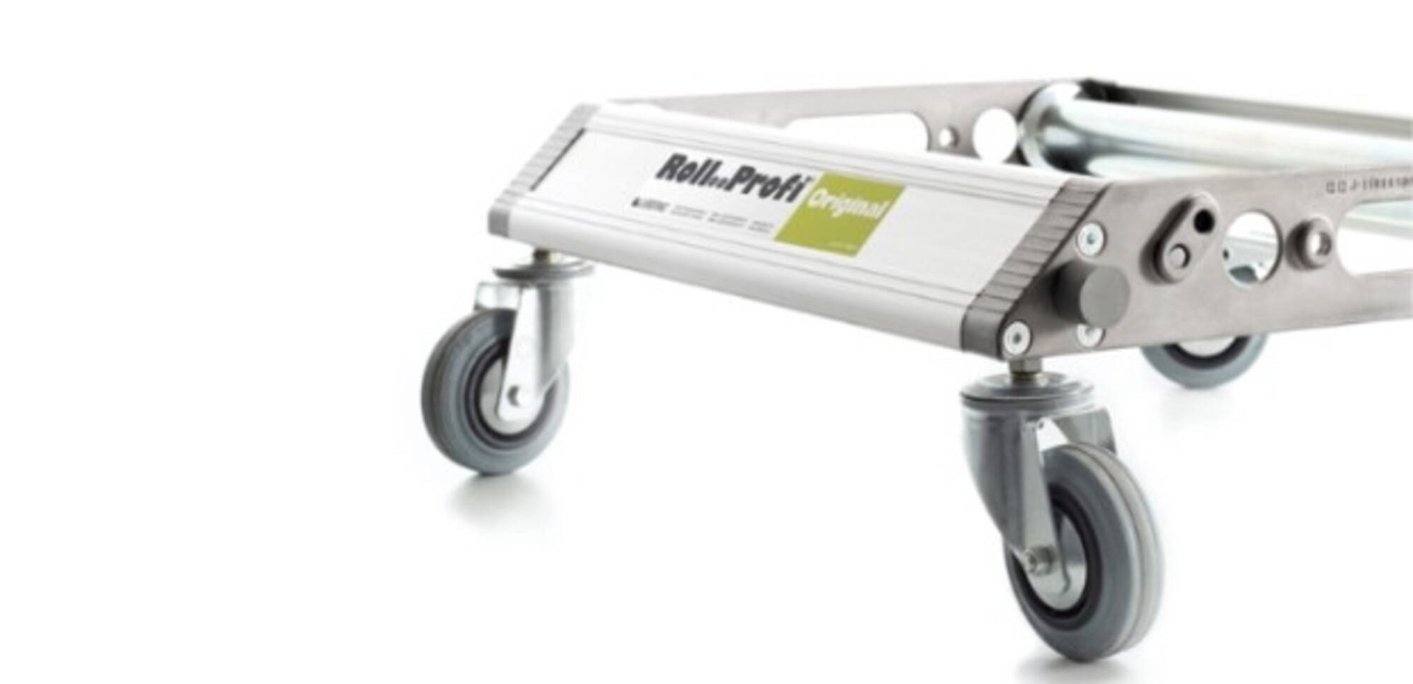 Ein Metall-Transportwagen mit großen Rädern und einem Etikett mit der Aufschrift „Roll..Profi Original